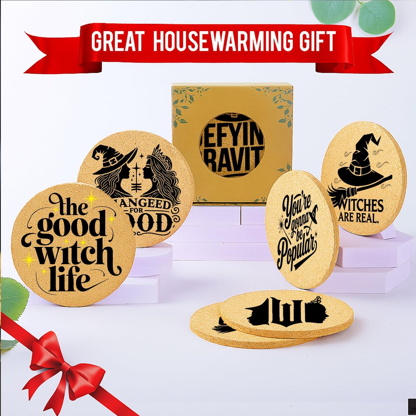 Cegkuc Coasters Witch for Drinks with Holder Set of 6, Wicked Cork Coaster Absorbent for Office Desk Cup Table Coasters Kitchen Decor House Warming Gifts for New Home Couples, Round 4"