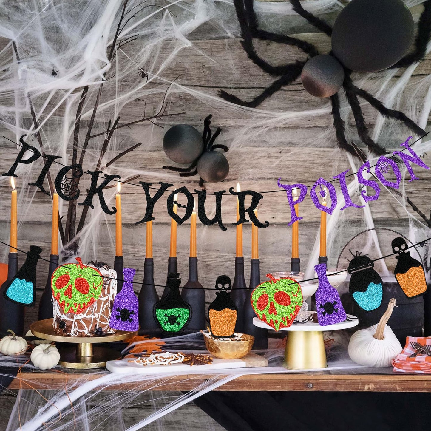 Black and Purple Glitter Pick Your Poison Banner Potion Bar Banner, Pick Your Poison Sign Halloween Party Banner for Haunted Mansion Home Decor Halloween Hocus Pocus Party Decorations