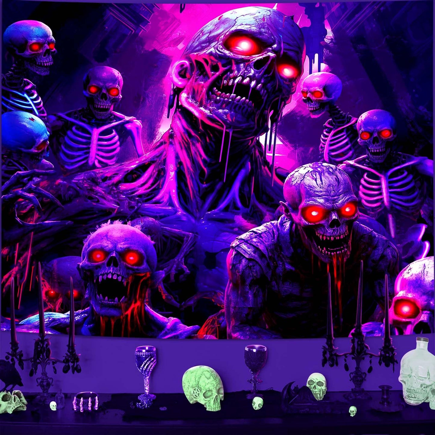 puuiui Halloween Blacklight Tapestry Skull Wall Goth Skeleton Hanging Horror Uv Black Light Tapestries for Bedroom Living Room Men dorm Wall Party Decor, 39.4Wx31.5L