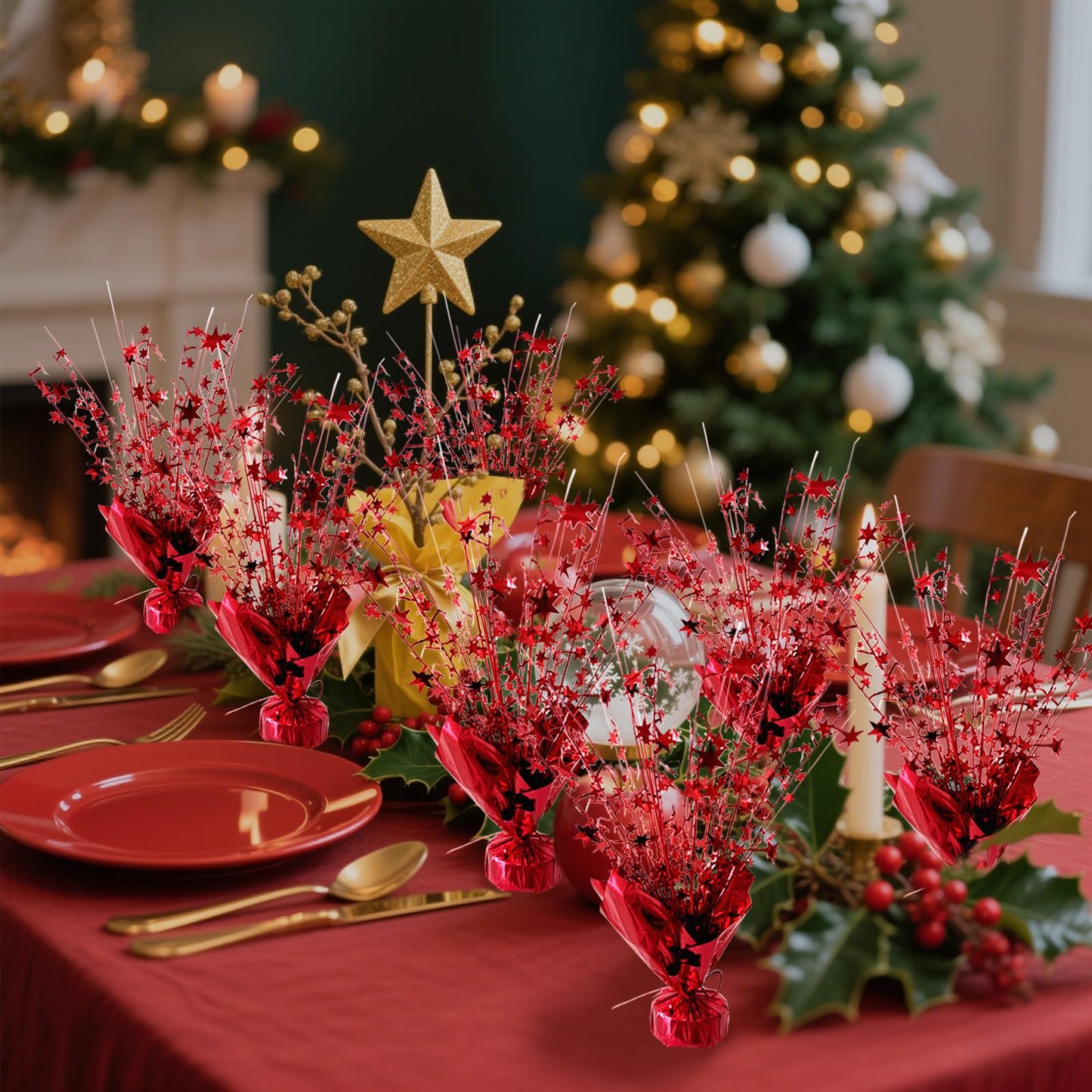 FUBININA 6 Pack Valentine's Day Table Centerpieces Metallic Red Foil Spray Centerpiece Star Table Decoration Burst for Birthday Wedding Memorial Christmas Anniversary Nye Party Supplies Decor