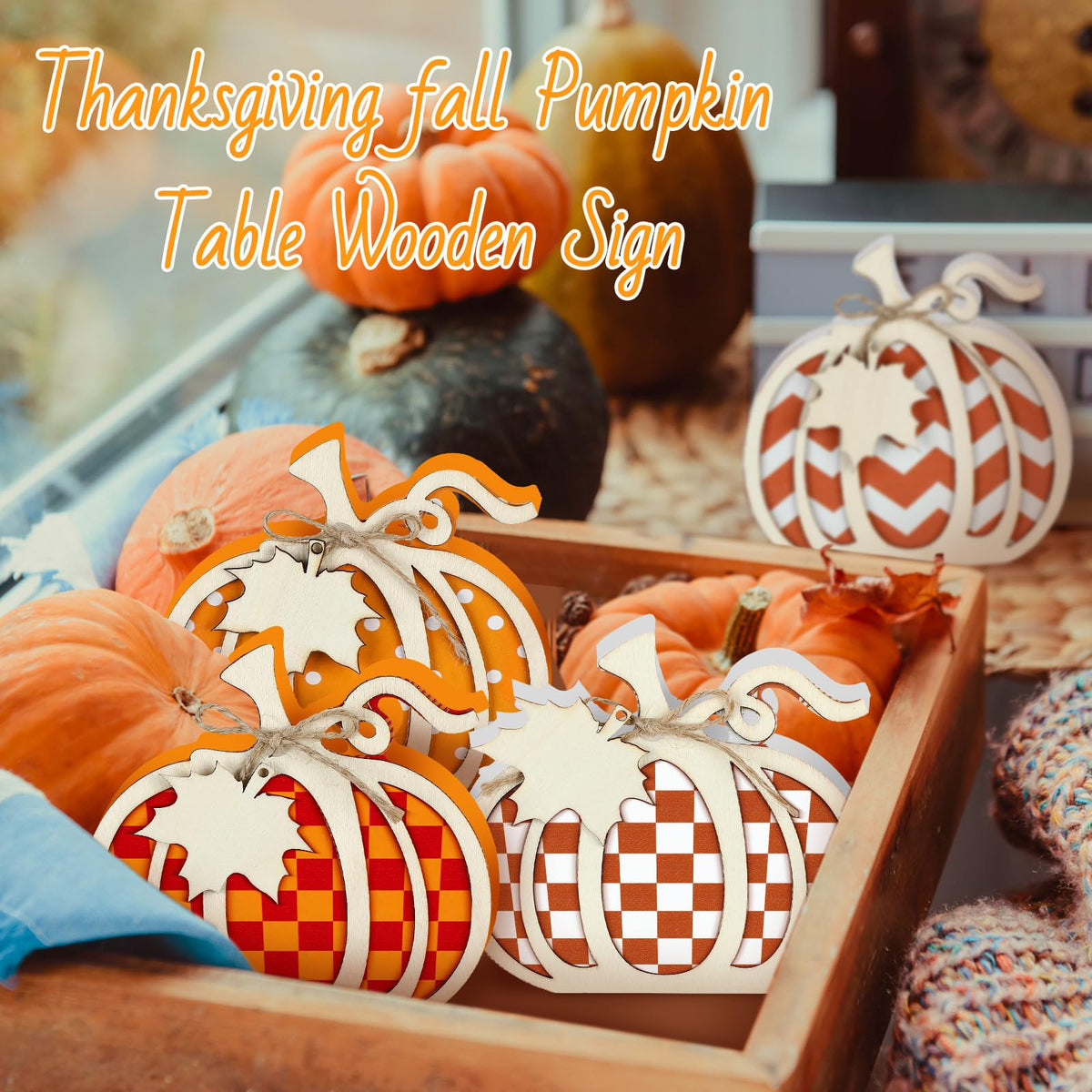 6 Pcs 3D Pumpkin Tabletop Signs Fall Wooden Pumpkin Signs Thanksgiving Harvest Pumpkin Table Block Fall Plaid Wood Standups Fall Thanksgiving Tiered Tray Decorations Pumpkin Centerpieces for Home