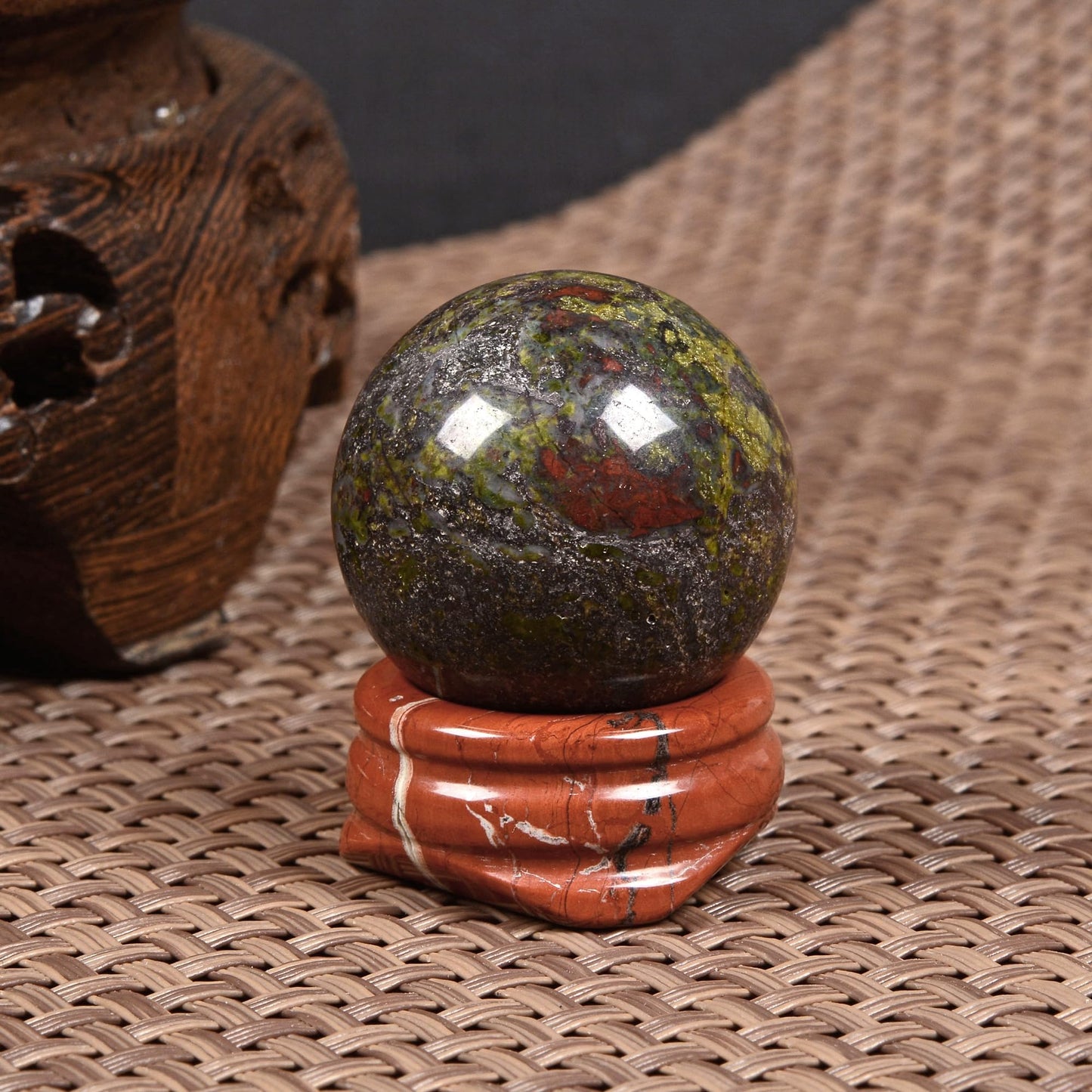 Justinstones Natural Polished Dragon Blood Jasper Sphere with Red Jasper Stand – Handcrafted Gemstone 30mm Ball for Energy Healing, Meditation, and Home Décor