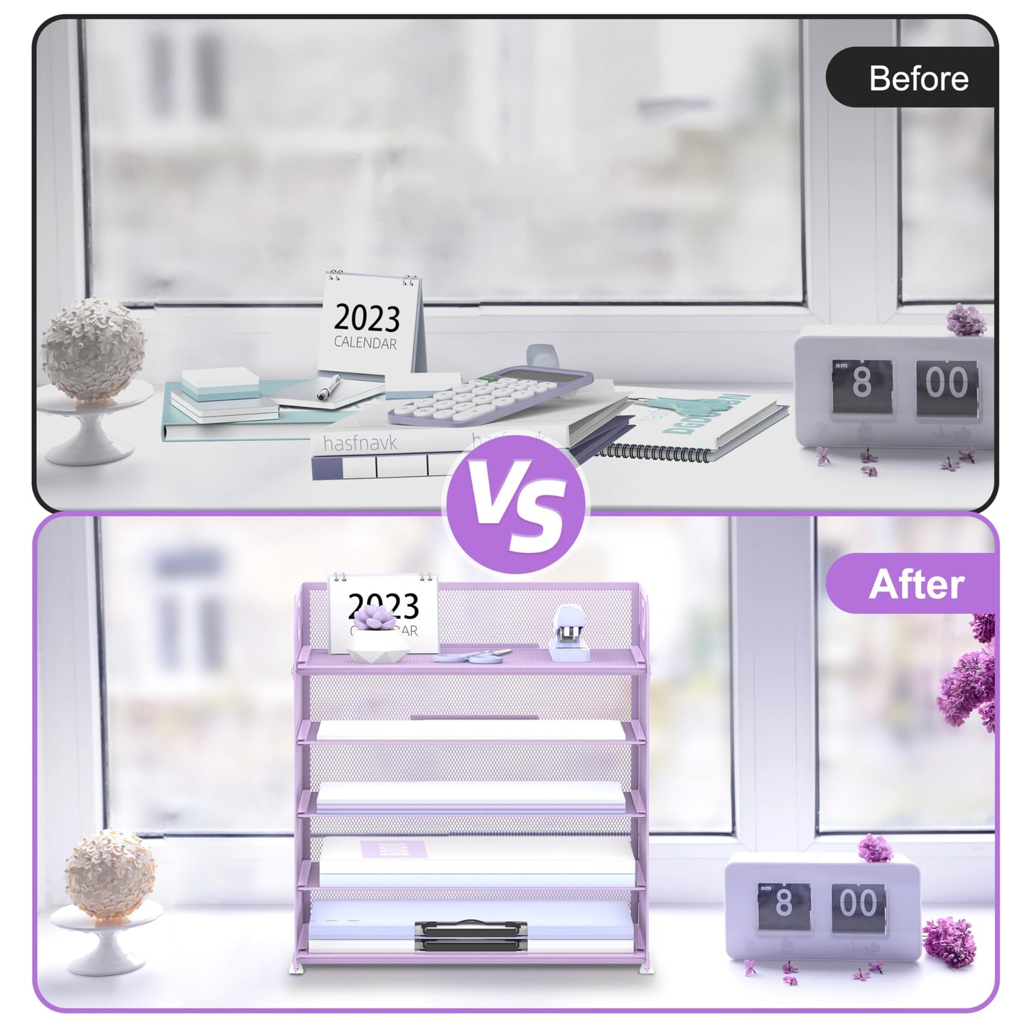2 Pack 5-Tier Purple Desk Organizer with Handle Mesh Desk File/Paper Organizer Letter Tray for Office, School and Home Easy Installation Purple Office Supplies