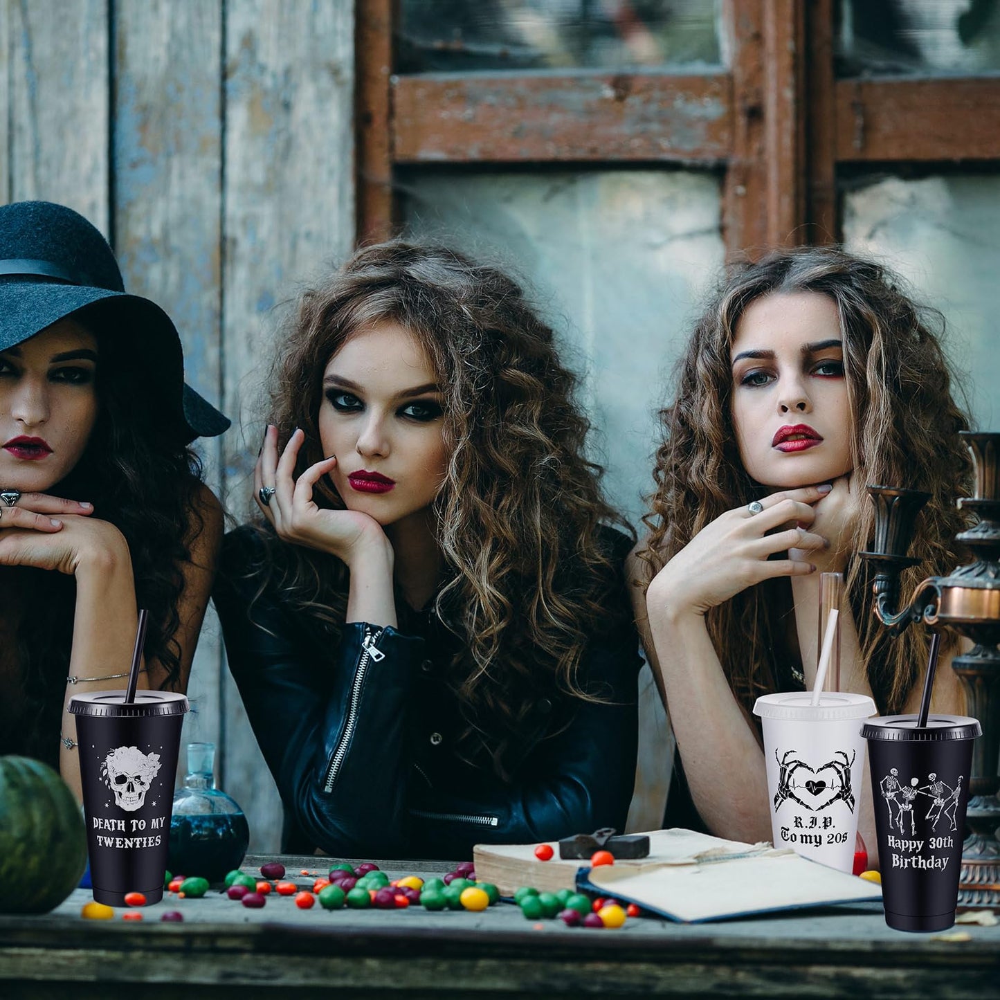 Uiifan 12 Pcs Gothic 30th Birthday Cups Death to My 20s Party Decorations Plastic Tumbler with Lid and Straw 24oz Reusable Cup Skull Design Happy Halloween Men Gifts Funny Supplies