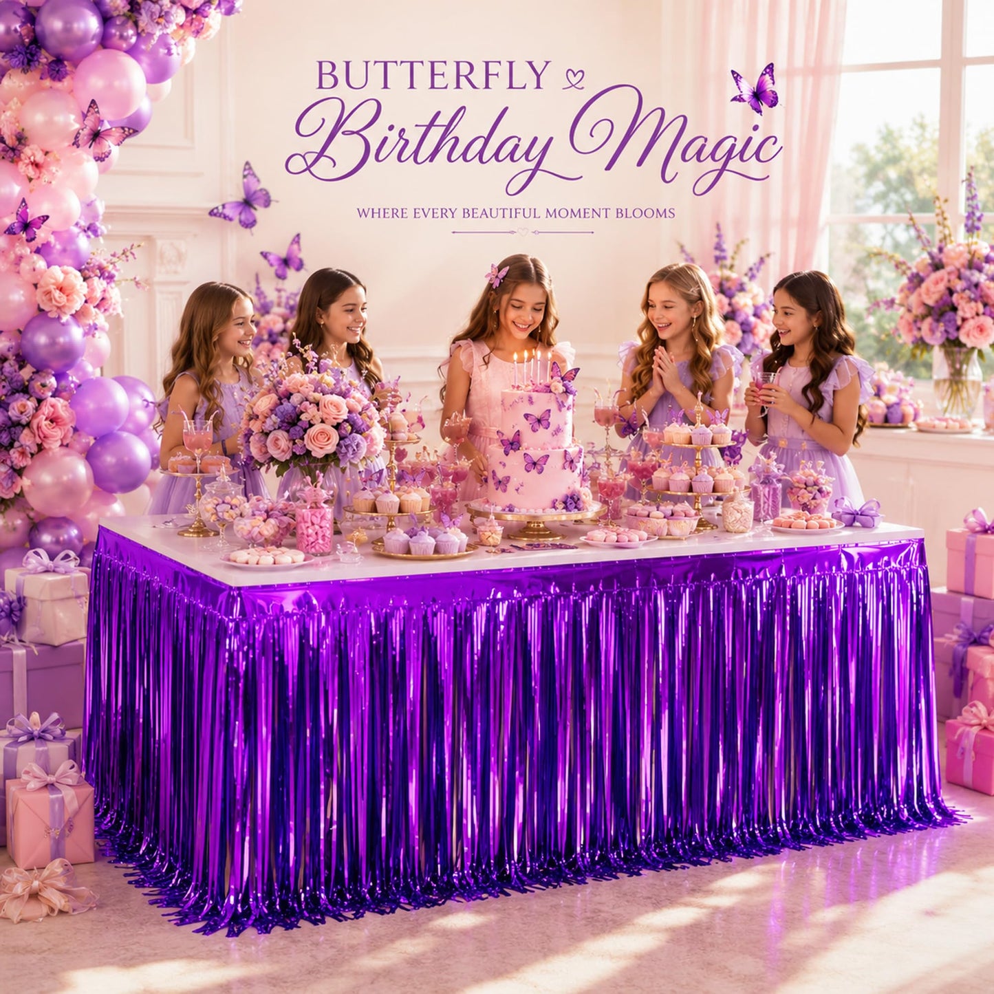 WIEPENGLNA 4-Pack Purple Foil Fringe Table Skirt, Disposable Metallic Tinsel Streamers, Photo Backdrop Party Decorations for Mardi Gras, Halloween, Mermaid Theme, Fairy & Graduation, 29x108 Inch