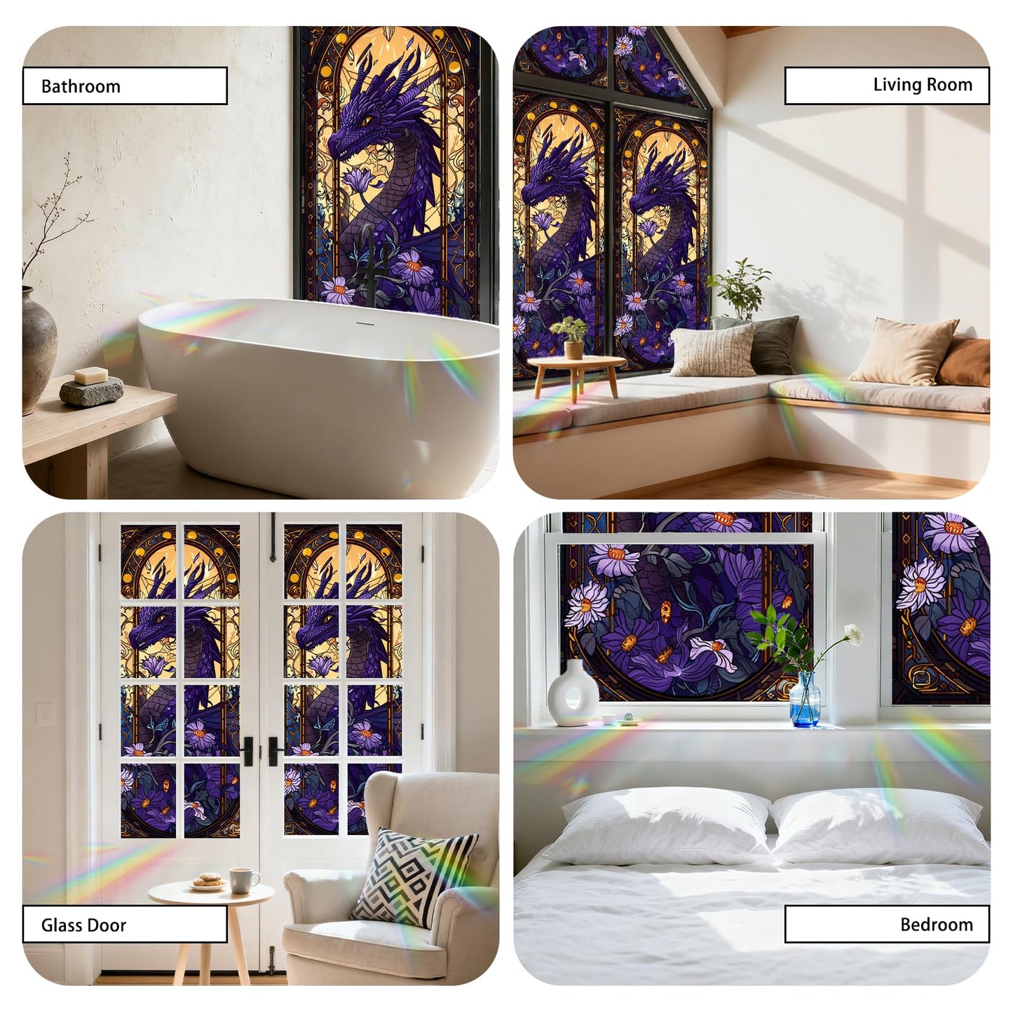 Nuxovilar Stained Glass Window Film Dragon Floral Pattern PVC 17.7 x 39.4 Inches Window Clings for Glass Panel Privacy Decor for Game Room Study Entry Door