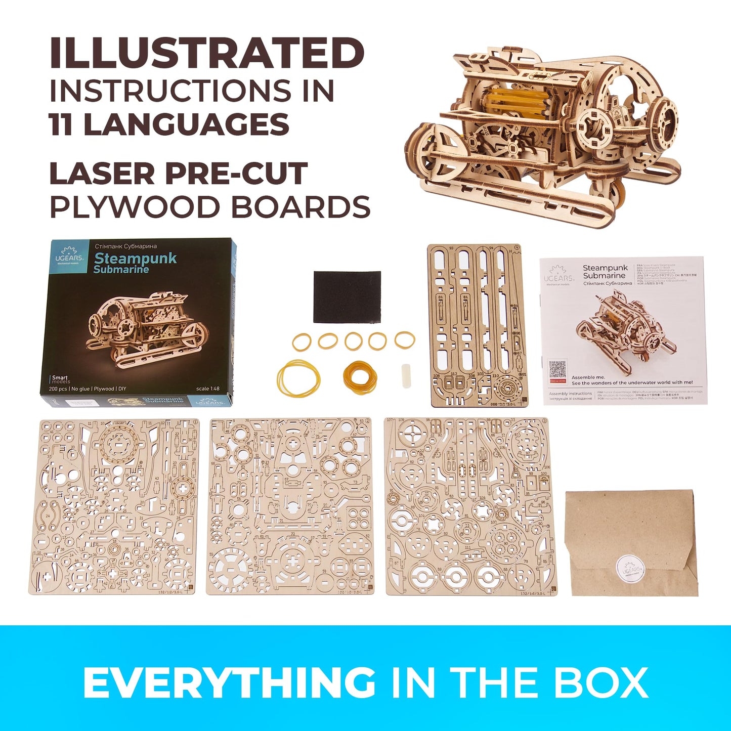 UGEARS 3D Wooden Puzzles for Adults - Steampunk Submarine Wooden Model Kit – Mechanical Puzzle Model Building Kits - DIY Kits for Adults for Maritime Enthusiasts Gifts for Puzzle Lovers - 200 Pcs