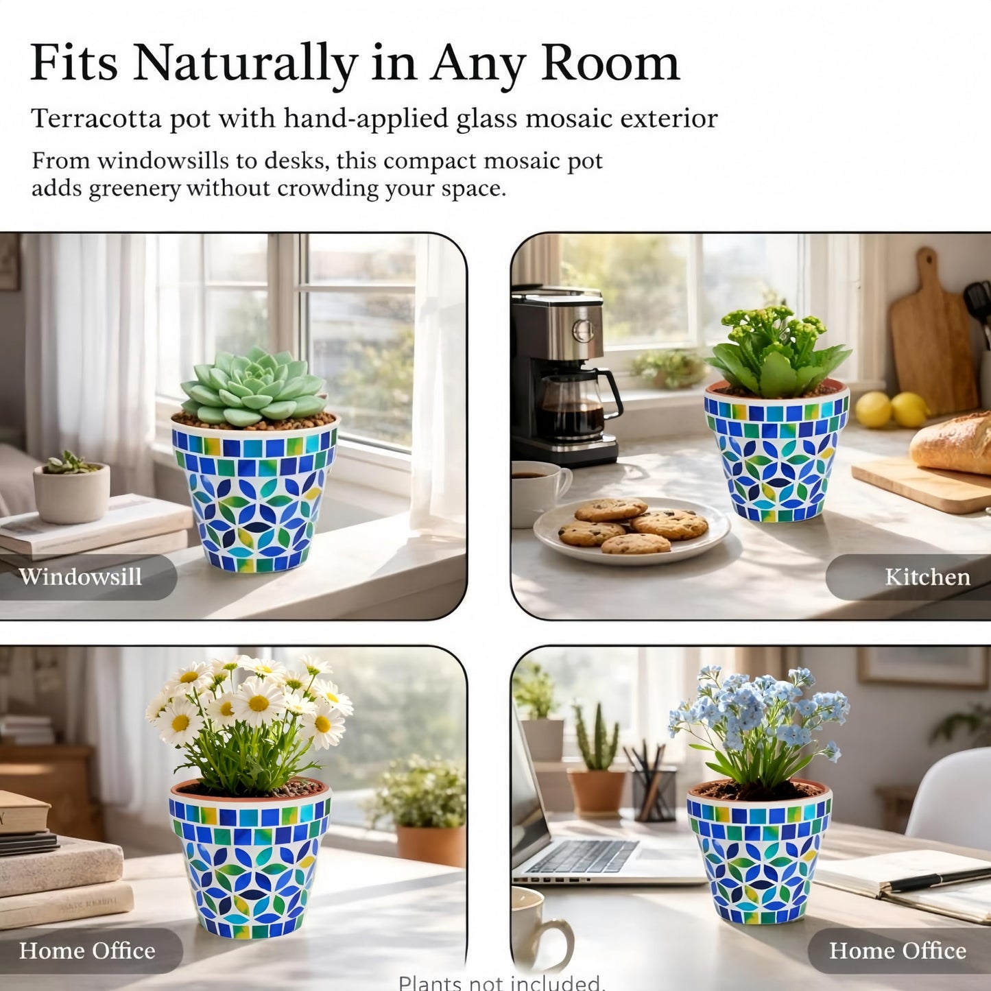 VOREEN Handmade Mosaic Planter, Small Terracotta Pot with Glass Mosaic Exterior and Drainage Hole, Decorative Indoor Outdoor Plant Pot for Succulents, Cactus, Desk, Shelf, Windowsill, Patio & Garden