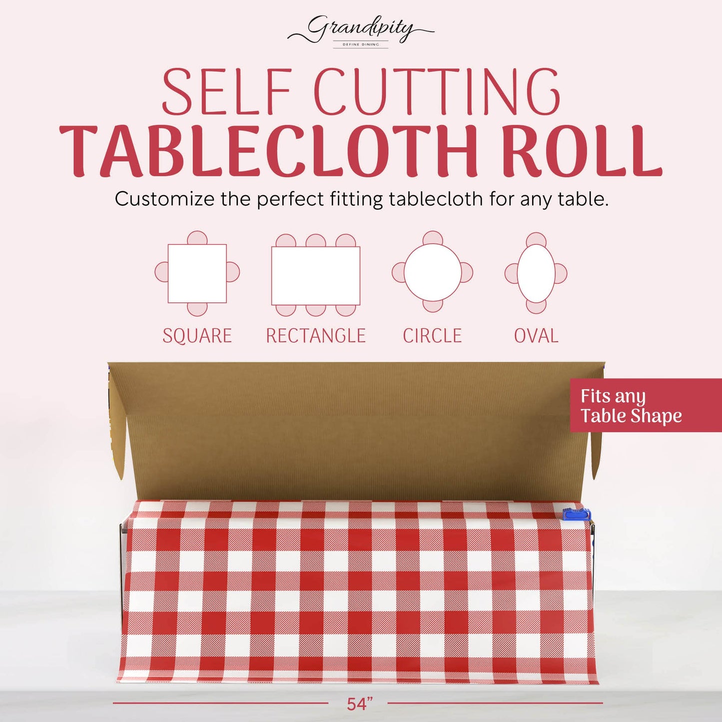 Grandipity Plastic Tablecloth Roll - 54in x 300 Ft. Red Gingham Checkered Plastic Table Cloths for Parties | Disposable with Cutter Box - Cut to Size Disposable Tablecloth for Rectangle & Round