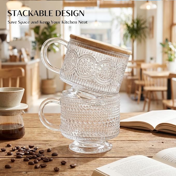 INSETLAN Vintage Glass Coffee Mugs 14 oz Set of 2, Embossed Overnight Oats Containers with Bamboo Lids and Spoons, Glass Coffee Cups for Tea, Cappuccino, Latte, Cereal and Yogurt, Gifts for Women
