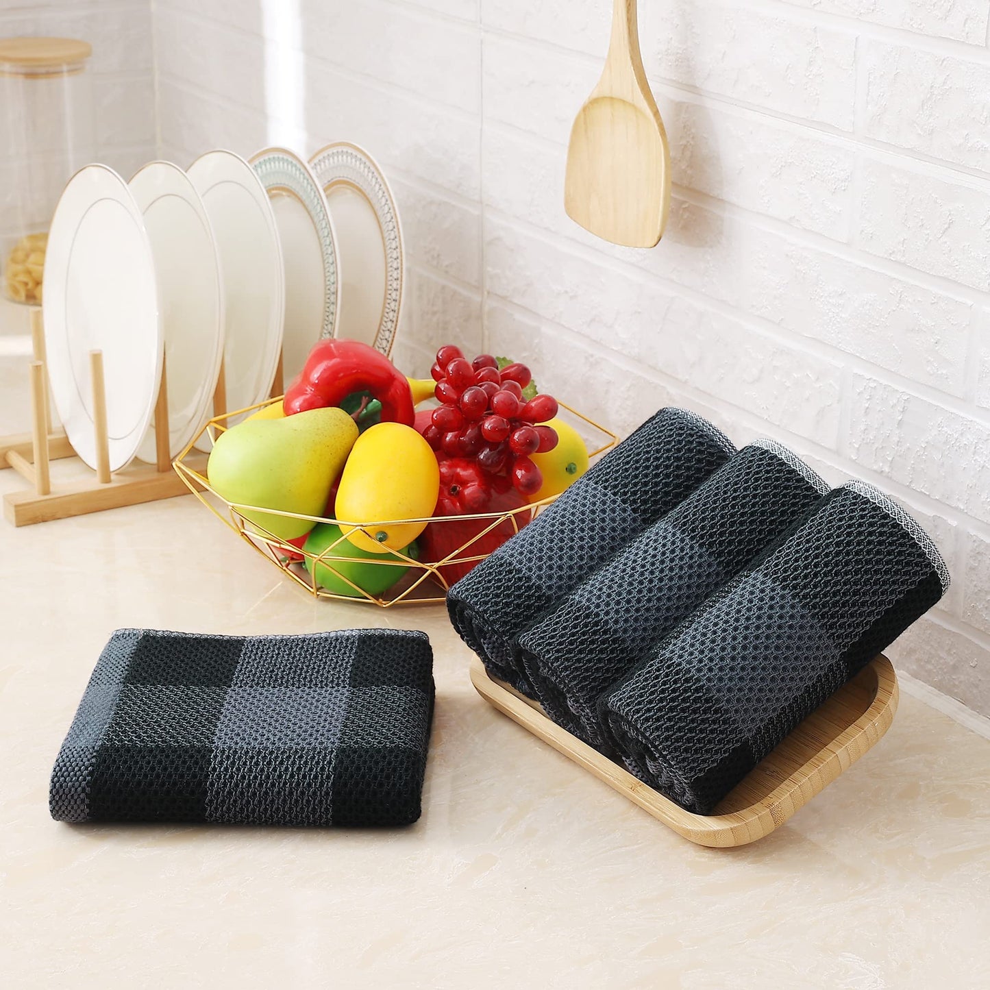 Homaxy Kitchen Towels and Dishcloths Set, 12 x 12 and 13 x 28 Inches, Set of 8 100% Cotton Waffle Weave Check Plaid Kitchen Dish Towels, Super Soft and Absorbent Dish Cloths, Black & Grey