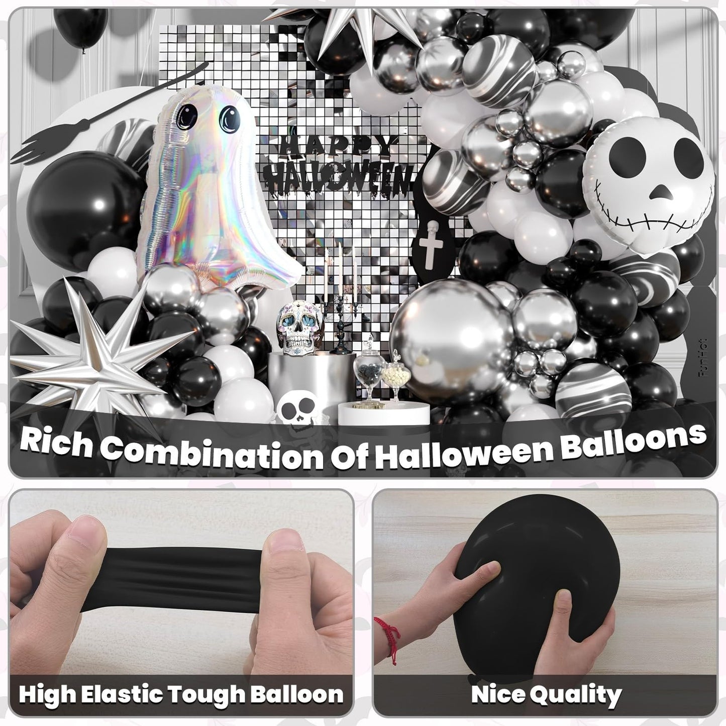 Halloween Balloon Arch Kit,110Pcs Black White and Silver Latex and Foil Balloon with Ghost,Skull Design for Halloween Birthday Bachelorette Baby Shower Wedding Party Decorations