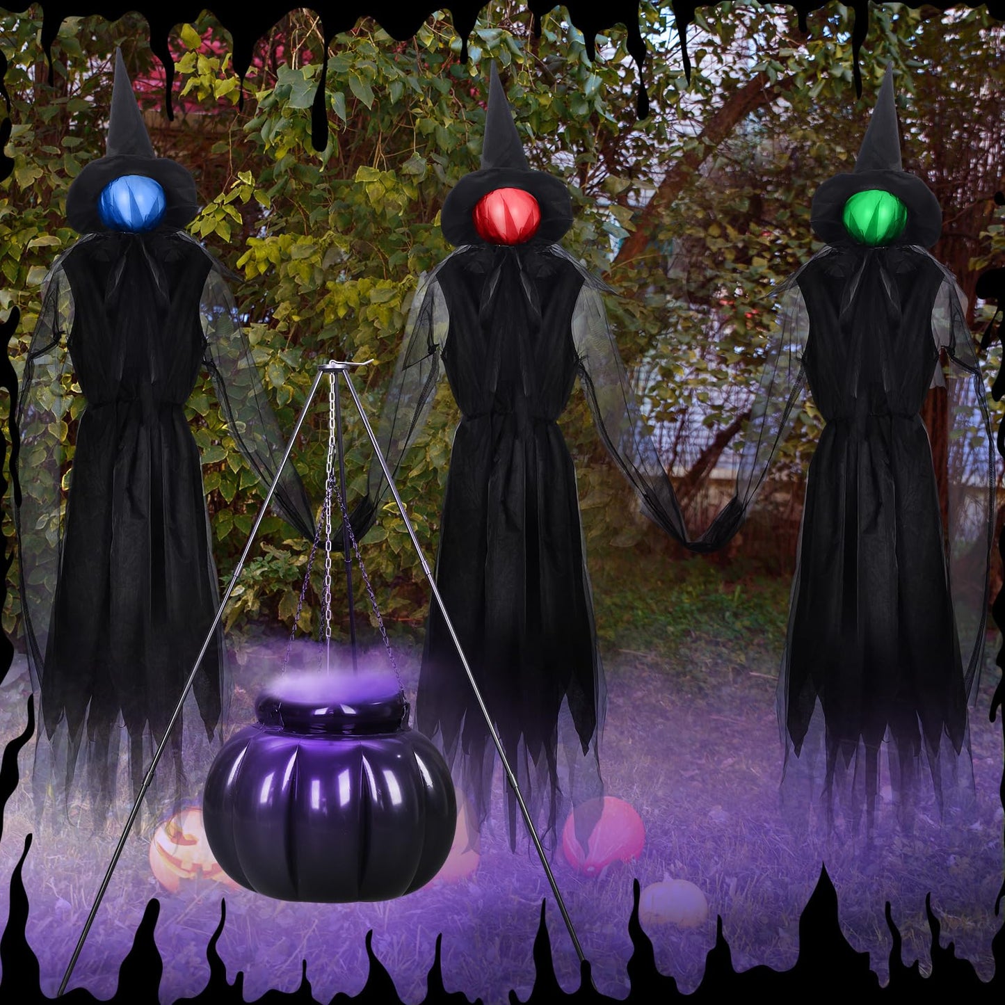 Knitgrip Set of 6 Halloween Outdoor Decorations 3 Light up Halloween Witch with Stake Witches Cauldron with Tripod Mist Maker with LED Light for Outdoor Garden Yard Lawn Porch Haunted Party Decor