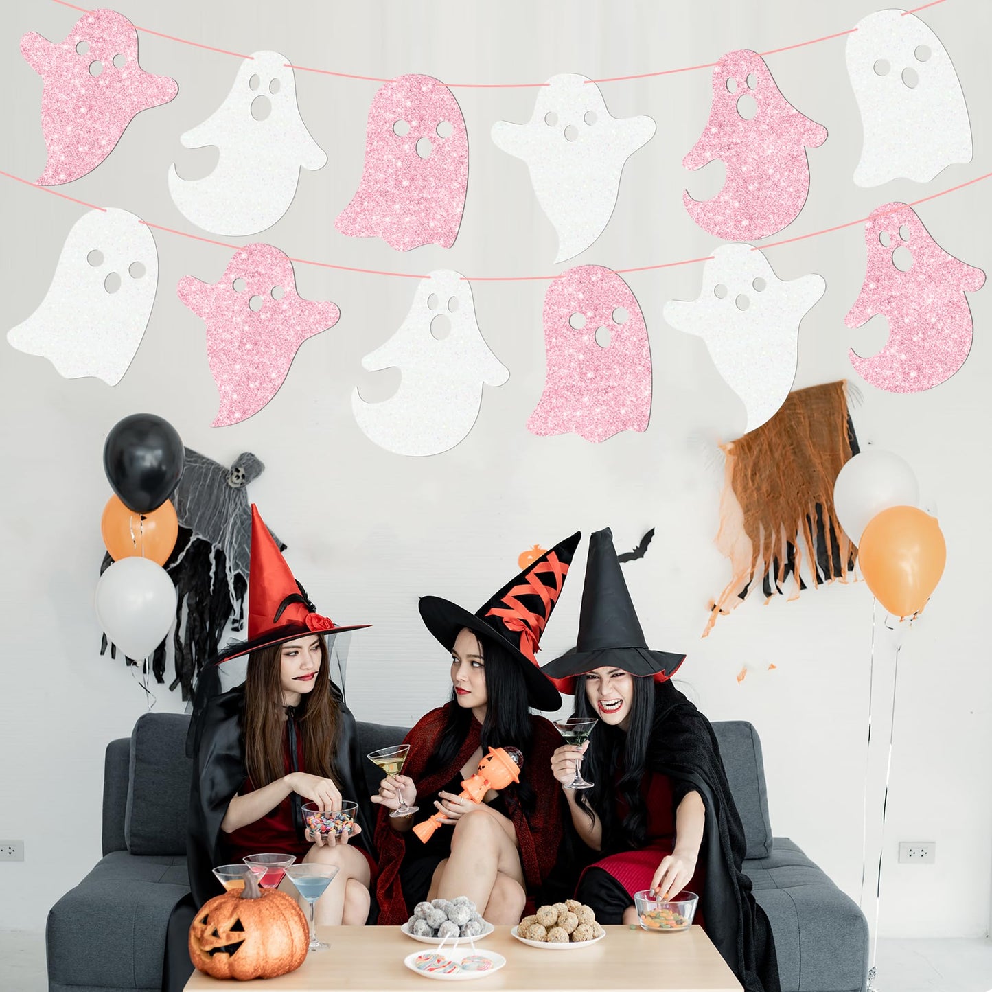 Halloween Party Supplies Halloween Hanging Ghost Banner 2PCS Glitter White Pink Ghost Birthday Party Cutout Banner for Home Haunted Houses Baby Shower Decor