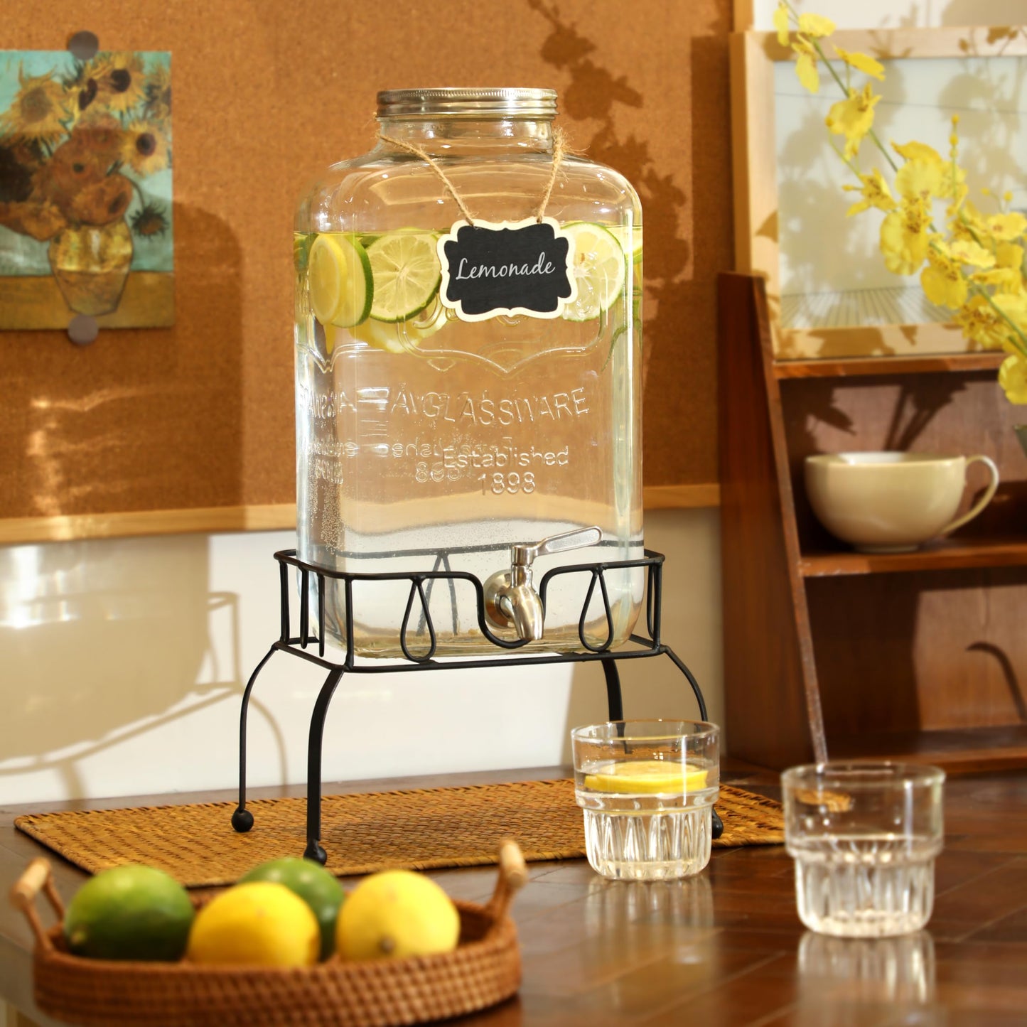 2 Gallon Glass Drink Dispenser with Stand, Stainless Steel Leakproof Spigot and Lid, Glass Drink Dispensers for Parties, Water Beverage Dispenser