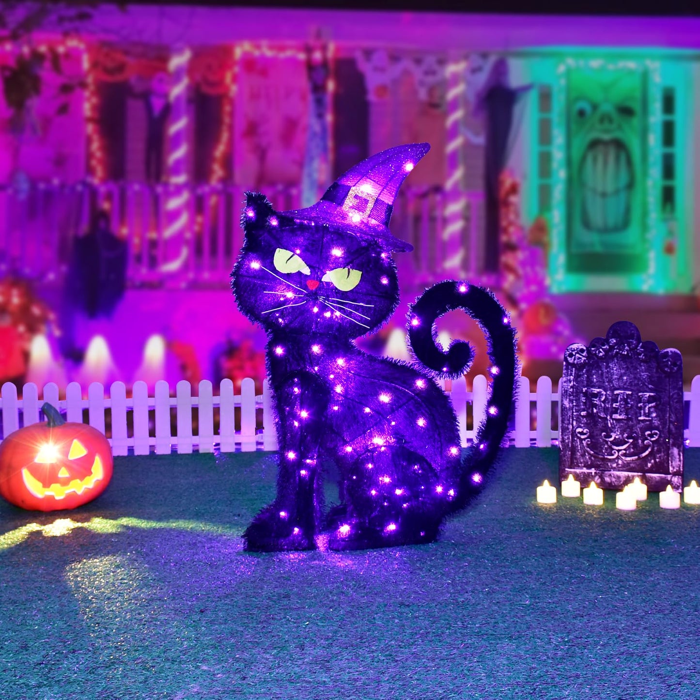 Halloween Decorations Outside Witch Cat - HOYECHI Outdoor Halloween Decor Lighted Black Cat 2ft, Light Up Cat with 85 Led Lights, Ground Stakes, for Front Yard Porch Gardens Lawns Party