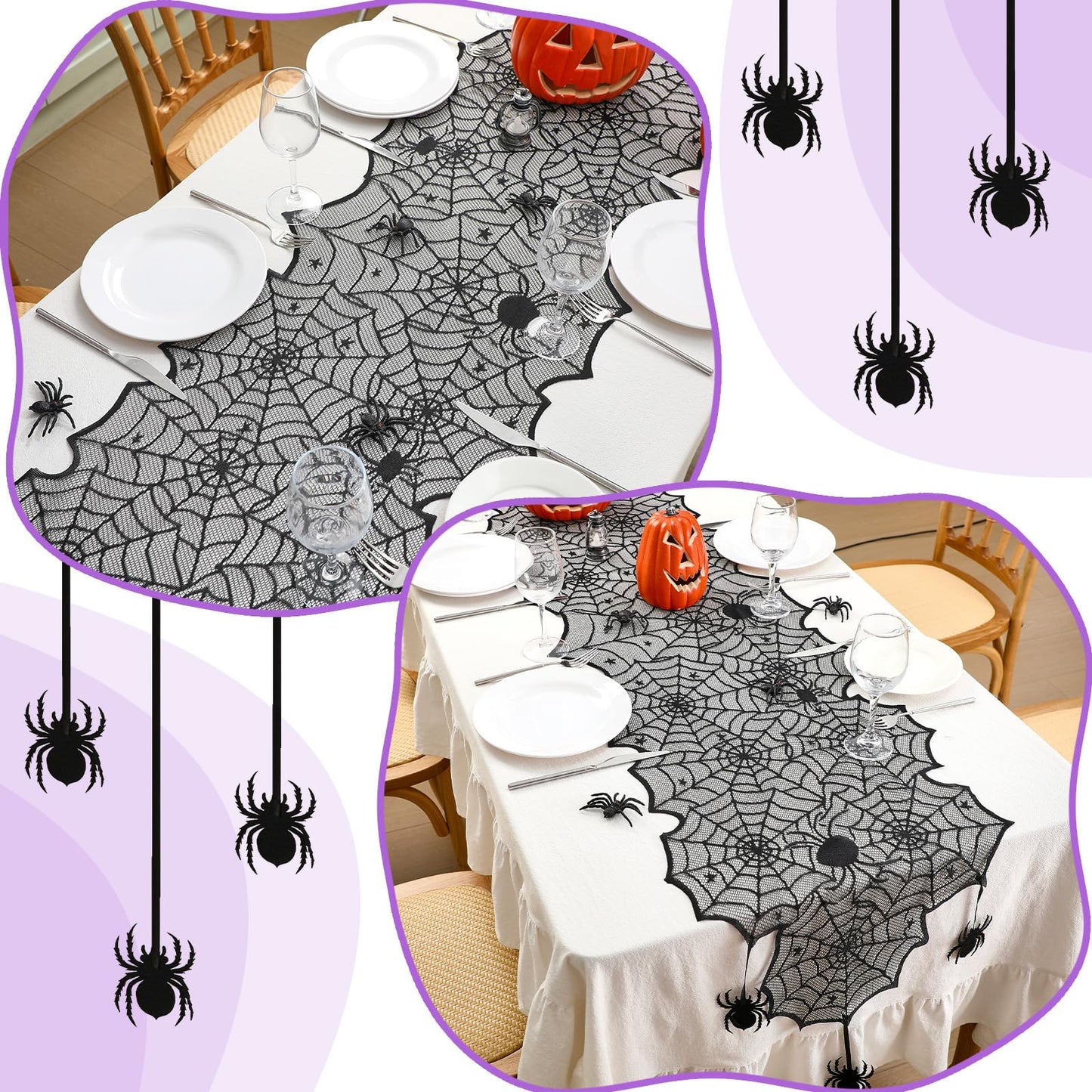 Windkream 18 x 72 Inch Halloween Table Runners Black Lace Spider Web Table Runner with Crawling Spider Gothic Halloween Decorations for Masquerade Themed Party Dinner Mantel Indoor Decor