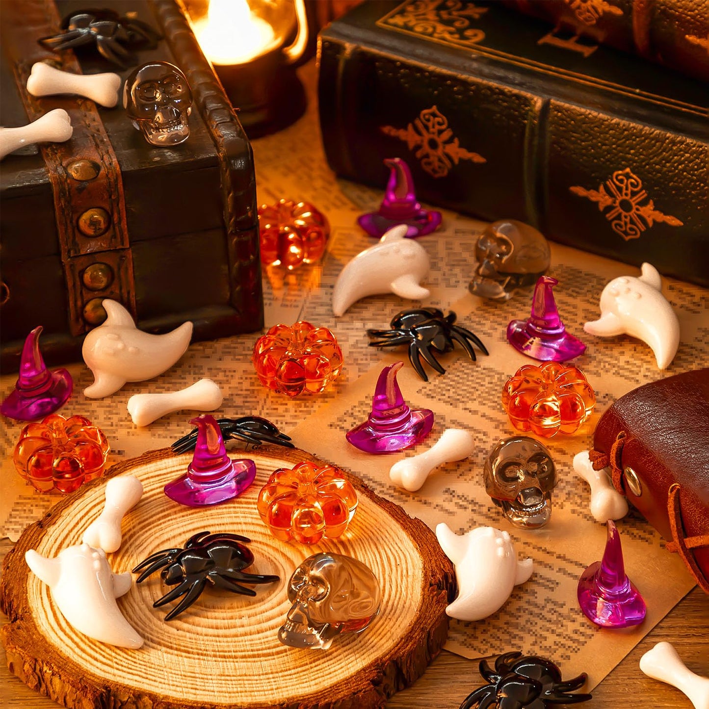 ZHWKMYP 220 Pcs Halloween Vase Filler, Mini Acrylic Pumpkin Ghost Skull Spider Witch Hats Gems for Centerpieces Table Decorations, Halloween Sensory Bin Filler Decor for DIY Crafts