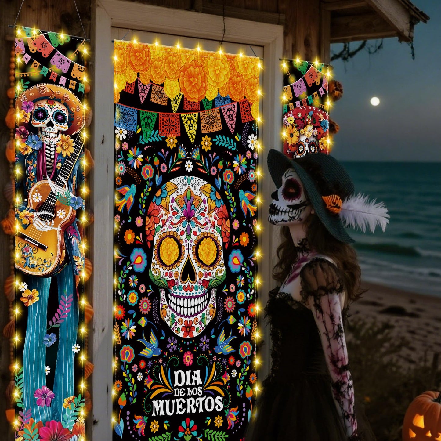 VitalCozy 3 Pcs Day of the Dead Decorations Dia De Los Muertos Door Cover with LED Lights Mexican Dia De Los Muertos Altar Party Porch Sign Halloween Sugar Skull Door Banner Backdrop for Fiesta Party