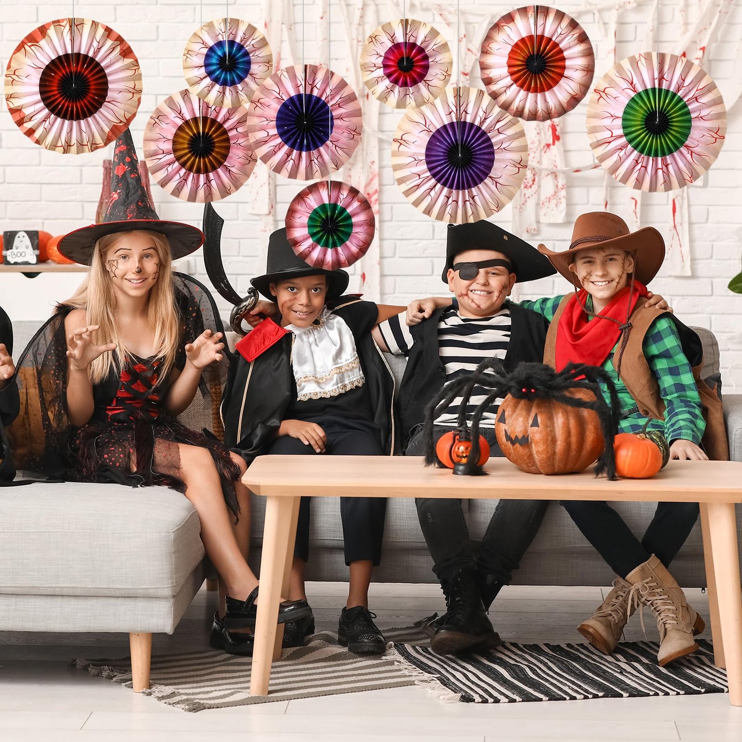 Dispowreath 9 Pcs Halloween Fans Decorations Eyeball Hanging Paper Fans Set Scary Eyeballs Wall Decoration for Halloween Party Haunted House Home Classroom Birthday Spooky Decorations Supplies