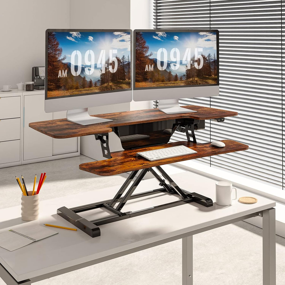 FLEXISPOT Electric Standing Desk Converter 42" Height Adjustable Desk 55 LBS Weight Capacity Motorized Stand up Desk Riser for Office Home,Rustic Color