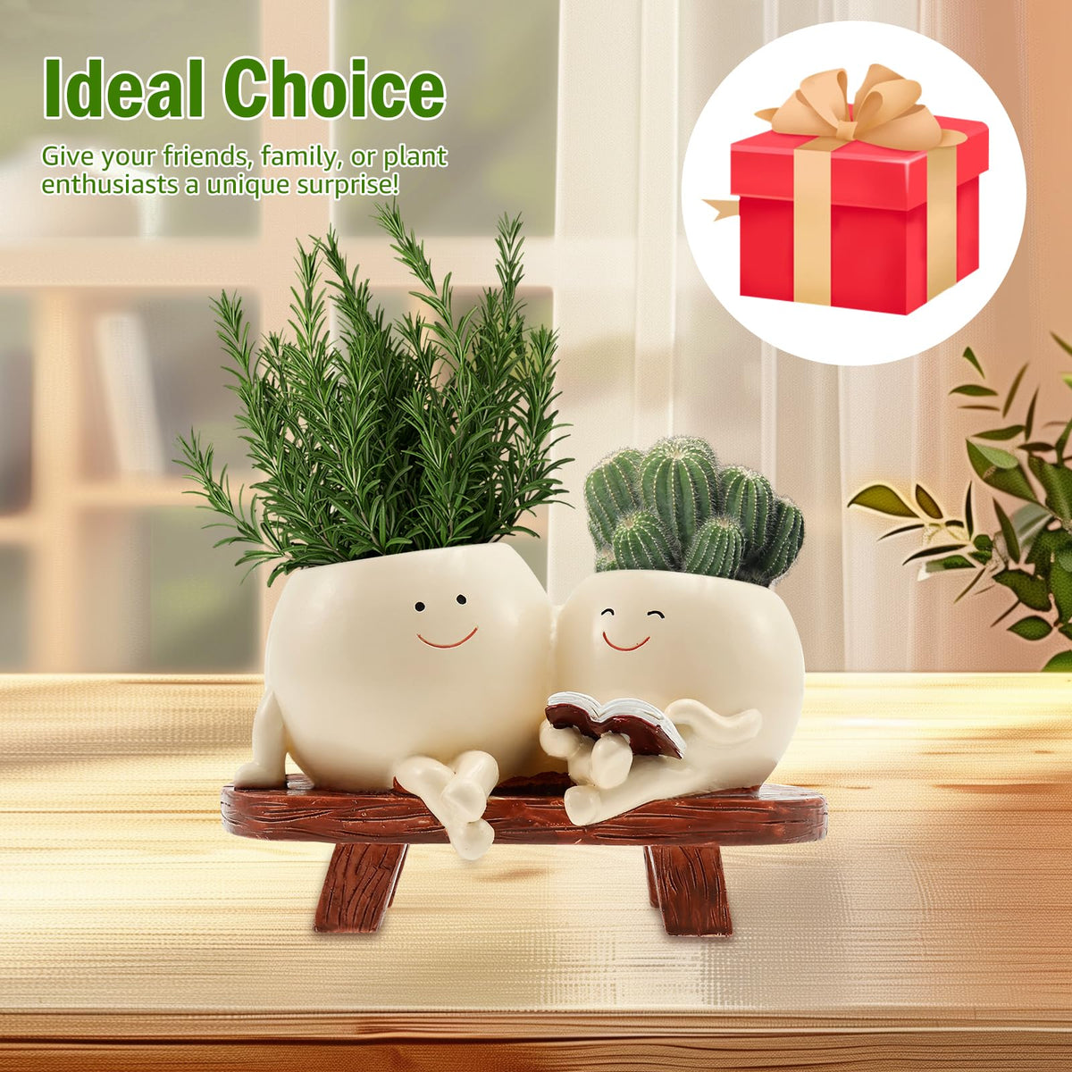 SYKUIHSG Smily Face Planter Pot, Cute Resin Flower Double Head for Indoor Outdoor, Creative Succulents Plantings Flower Pot with Drainage Hole, Present Ideal for Mother, Friend