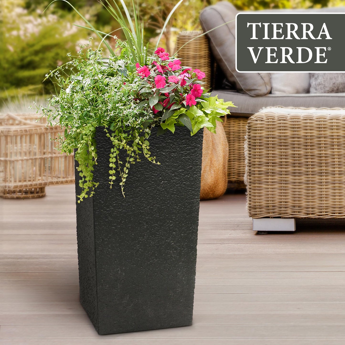 Tierra Verde Indoor & Outdoor Self-Watering Square Planter, Citadel Stucco, 13.5" x 26", Black - Planting Containers for Plants and Flowers - Gardening and Landscaping Accessories