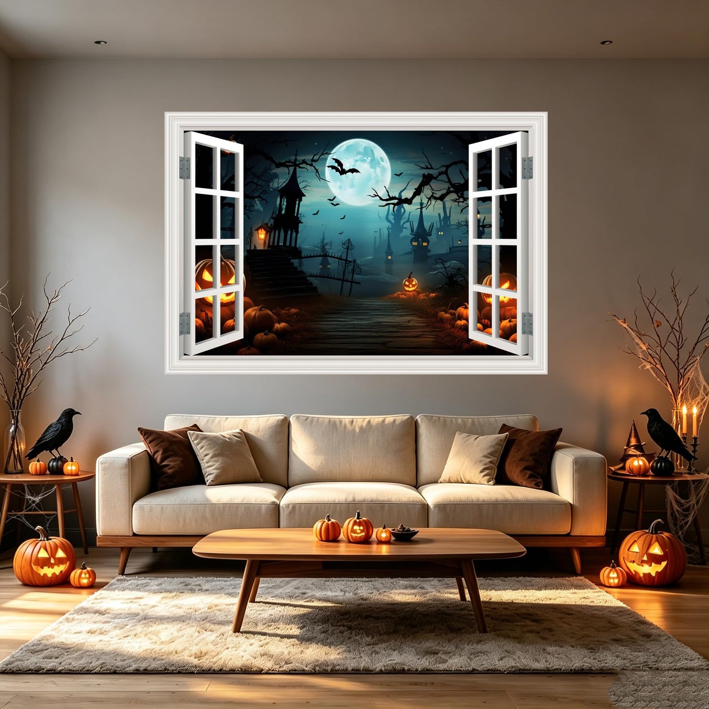 Fake Window Wall Decals Halloween Pumpkin Castle Bat Night View Terror Mural Faux Window Sticker Poster Open Wall Art Picture, for Room Office Decor Stick and Peel Natural Scenery Scene 16“x24”