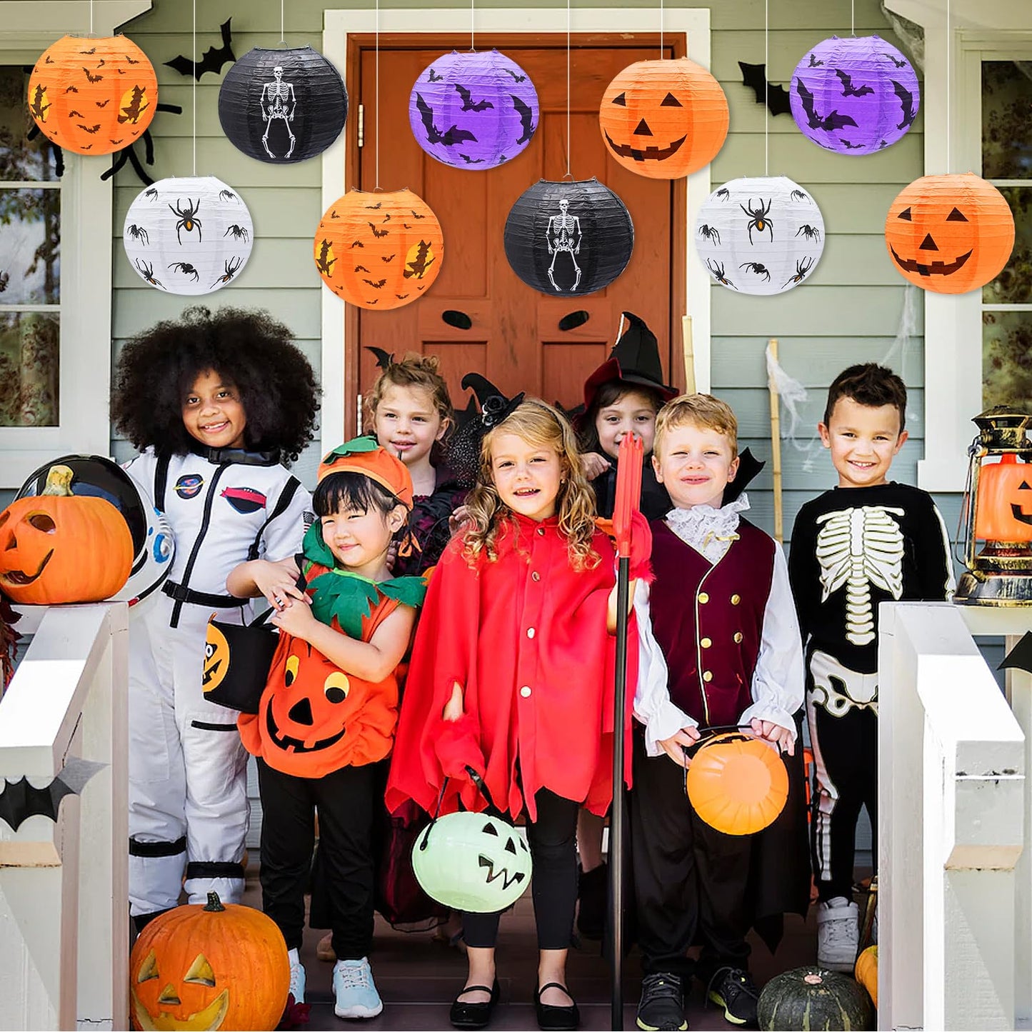 10-Pack Halloween Paper Lanterns Set – 10" Hanging Pumpkin Skeleton Bat Spider Witch Lanterns for Indoor Outdoor Halloween Party, Porch, Classroom Decorations