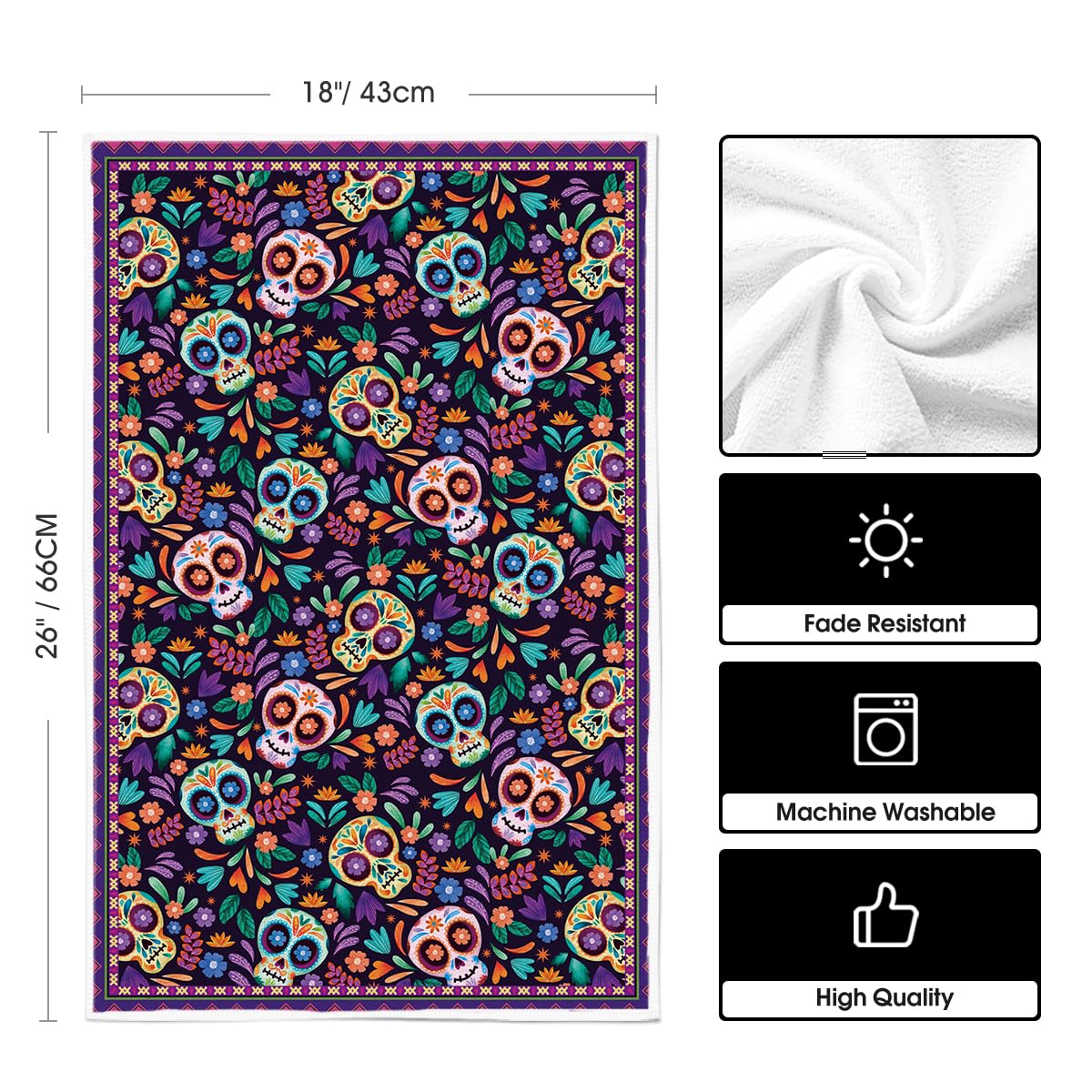 Artoid Mode Sugar Skull Day of The Dead Kitchen Towels Dish Towels, 18x26 Inch Daisy Flower Mexican Decor Hand Towels Set of 2
