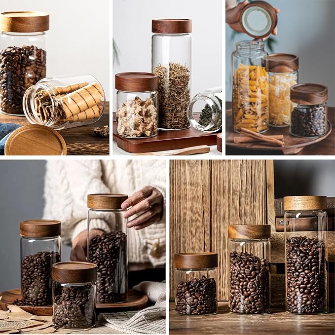 12 oz/350 ml Clear Glass Storage Canister with Airtight Wooden Lid, Small Overnight Oats Containers, Cute Decorative Salad Jar for Snacks Yogurt Spice Sugar Cereal Fruit Coffee Tea -4 Pack