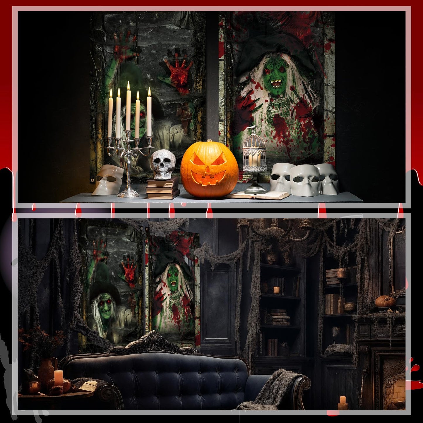 Newwiee 2 Pcs Scary Halloween Curtain Window Silhouette Cover Decoration Theme Poster for Indoor Outdoor Party Wall Door(Witch)