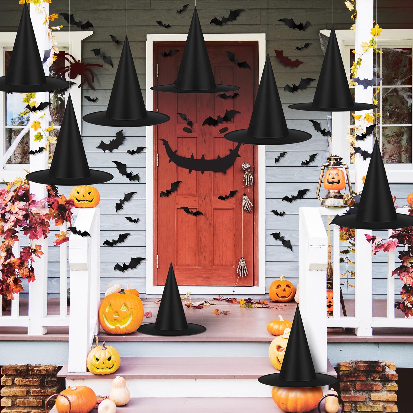 Shojoy 14 Pieces Halloween Black Witch Hats with 32 Pieces 3D Bats Sticker Wall Decor and 328 Feet Hanging Rope Witch Hat Decoration Cosplay Costume Accessory Caps Halloween Fancy Caps Yard Decor