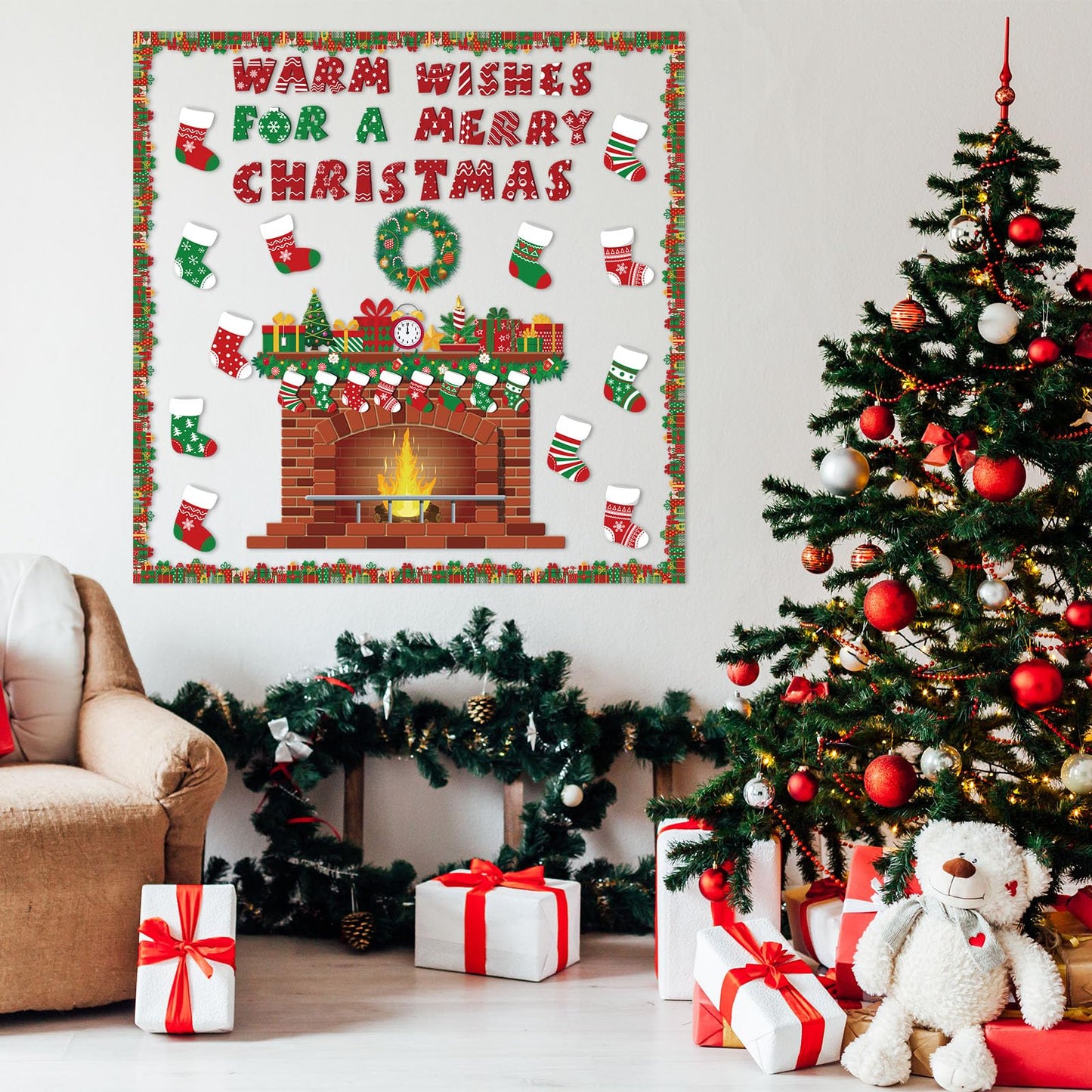 Christmas Bulletin Board Decorations Christmas Classroom Decorations Set Warm Wishes Fireplace Bulletin Boards Xmas Stocking Cutouts for Winter Holiday School Office Wall Decor