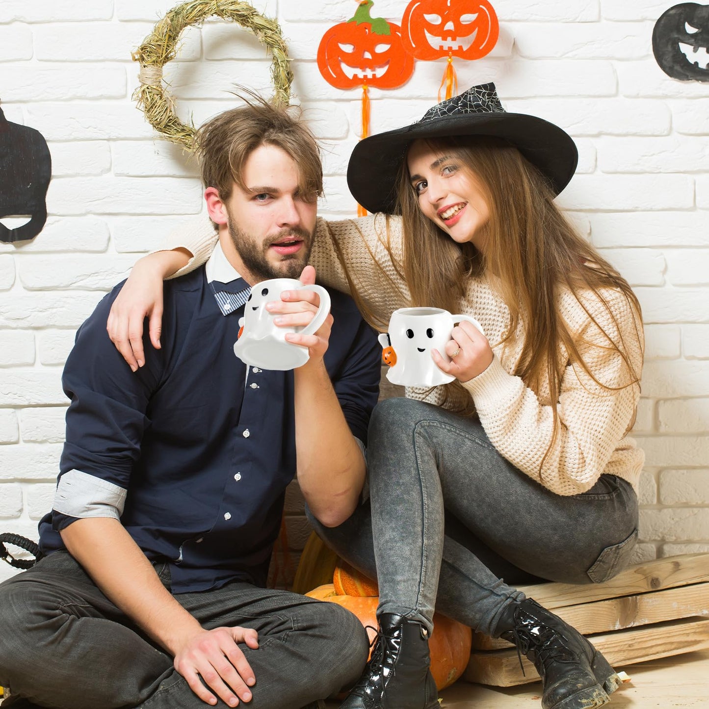 Yiyiring 2 Pcs 12 oz Halloween Ghost Mug Coffee Ceramic Boo Mug with Pumpkin Cute Ghost Face Cup with Handle for Halloween Party Decoration