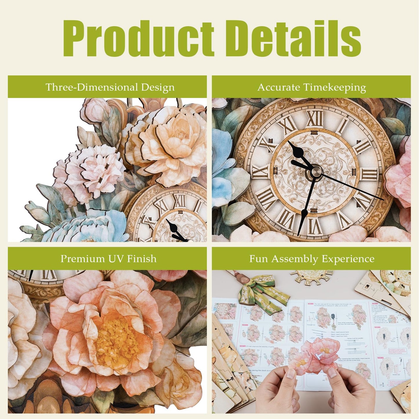 Rnfinewow 3D Wooden Puzzles for Adults, Flower Clock with Pendulum Model Kit, 3D Puzzles for Adults Room Home Decor DIY Wall Clock Kit, Holiday Birthday Christmas Day Gifts for Men Women