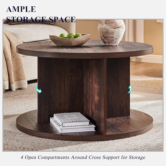JXQTLINGMU Round Coffee Table for Living Room, 32" Modern Center Table with Cross Support Structure & Open Storage Cubby, Wood Circle Cocktail Table for Small Space, Apartment, Dark Walnut