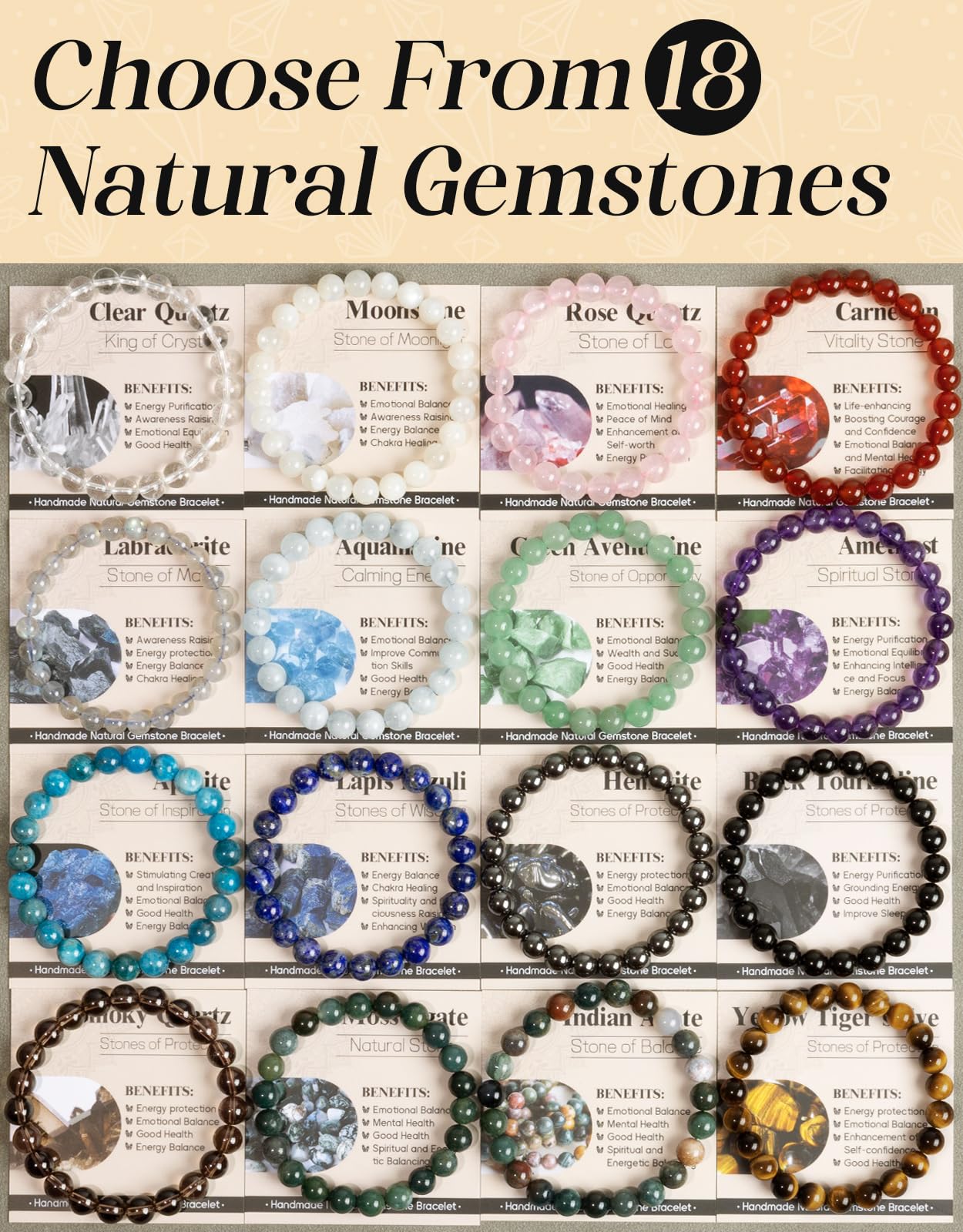 Landorilo Beaded Bracelet for Men Women, 8mm Natural Stone Rose Quartz Healing Crystal Stretch Bracelets, Ideal Christmas Birthday Jewelry Gifts with Energy Card,Replacement Beads Included