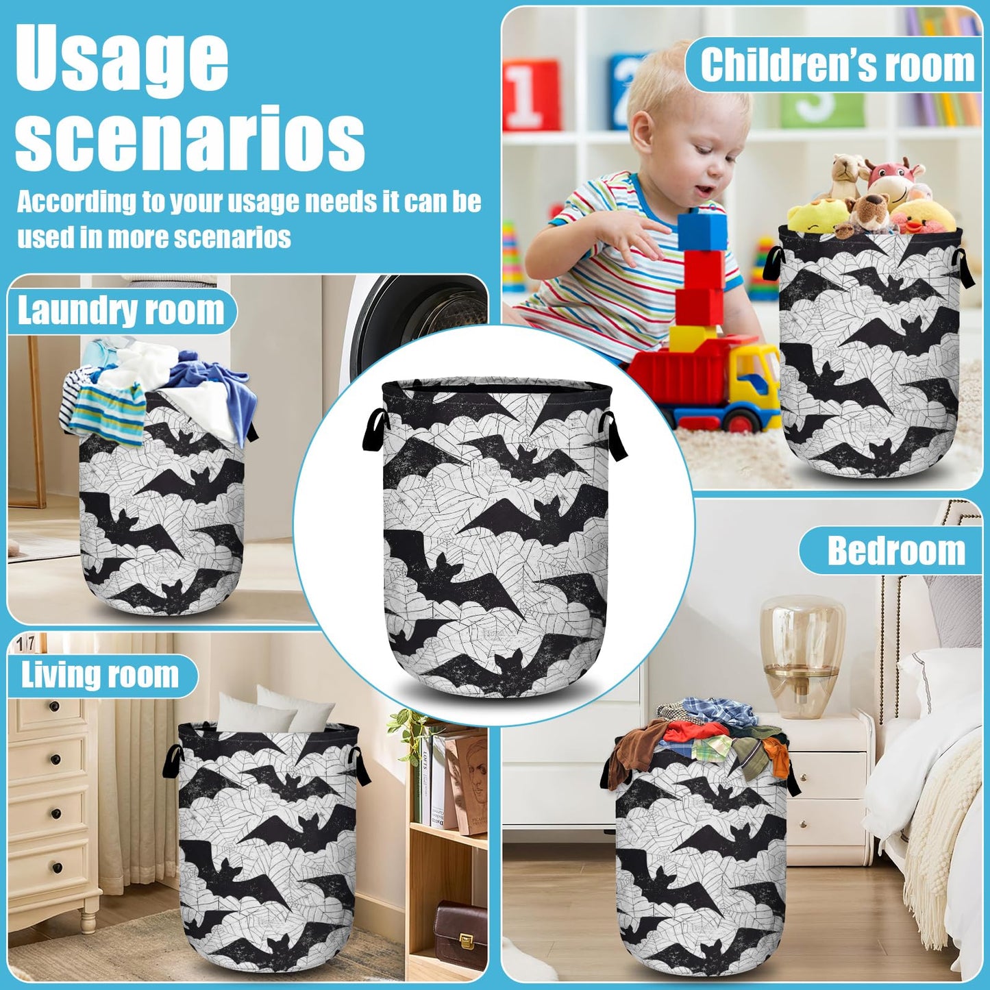 Retro Black White Bat Laundry Basket, Halloween Laundry Hamper Collapsible Oxford Cloth with Handle Clothes Storage Bin for Bathroom Laundry Room Bedroom 15.7 X 20 Inch