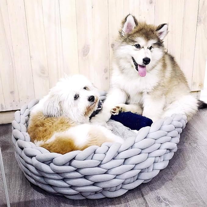 Woven Dog Bed Basket, Knitted Cotton Cat Bed Round Washable Woven Cat Pet Bed Chunky Dog Basket, Orthopedic, Chunky Knit Dog Nest,Dog Bed,Dog Cave,Dog Bedding(Purple,21")