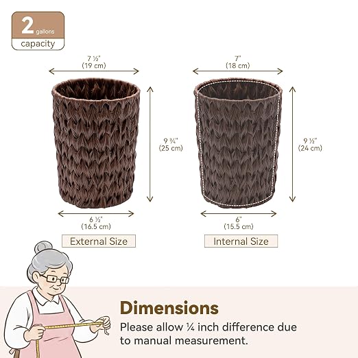 GRANNY SAYS Small Wicker Trash Can, 2 Gallon Bathroom Waste Basket, Small Bathroom Garbage Can, Plastic Trash Basket for Decor, Round Wastebaskets for Office, Bedroom, Cabinet, Brown