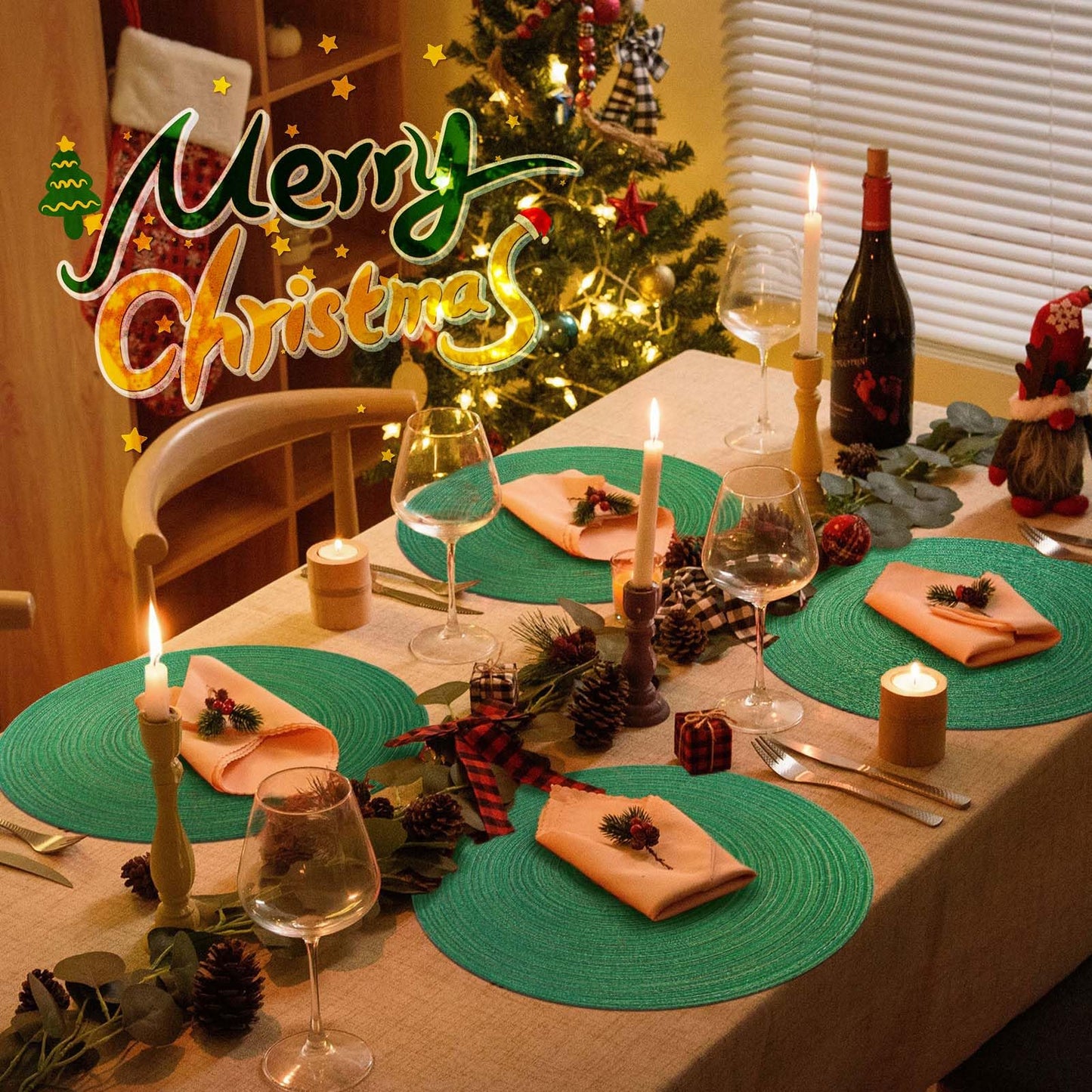 AHHFSMEI Round Braided Placemats Set of 6 Woven Table Mats for Dining Table Heat Resistant Easy to Clean Perfect for Kitchen & Home Decor (Christmas Green)