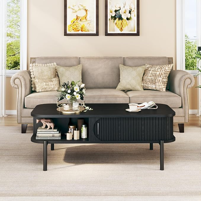 Coffee Table, 39.4" Mid Century Modern Coffee Tables for Living Room, Coffee Table with Storage Open Shelf, Fluted Table with Sliding Cabinet Door, 2-Tier Rustic Wood Desktop, Black