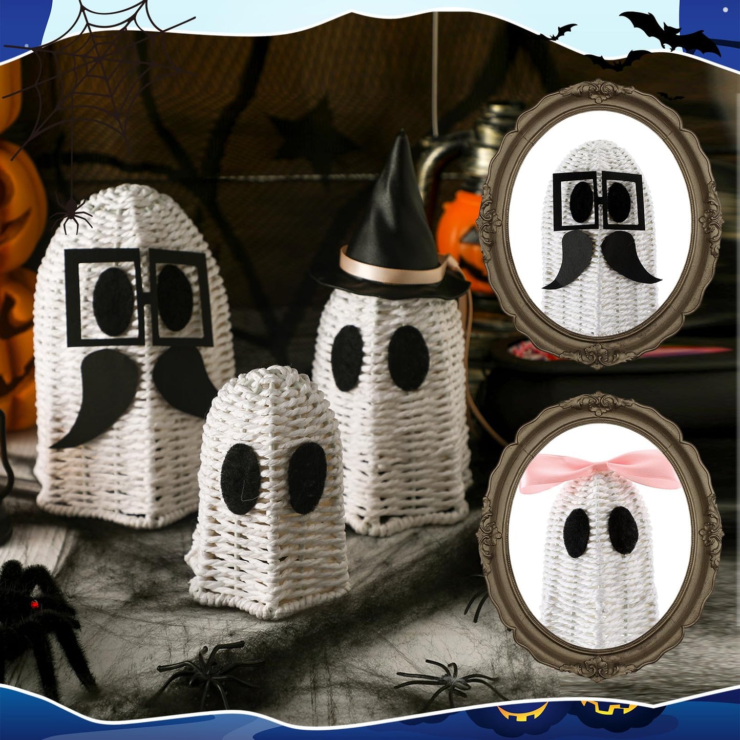 Geelin White 3 Pcs Halloween Rattan Wicker Ghosts Decoration Cute Farmhouse Ghost Figurines for Table Tray Shelf Desk Tiered Tray Centerpieces Indoor Tabletop Halloween Decor