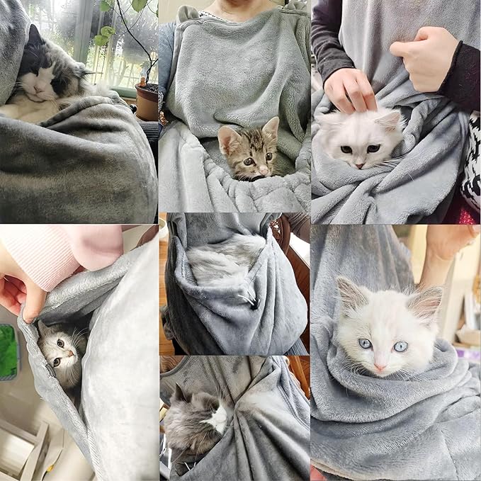 Pet Plush Carrier Apron with Adjustable Sleeping Bag Hands Free Sling Holder Cat Carrying Bonding Pouch for Small Dogs and Cats (Dark Gray)