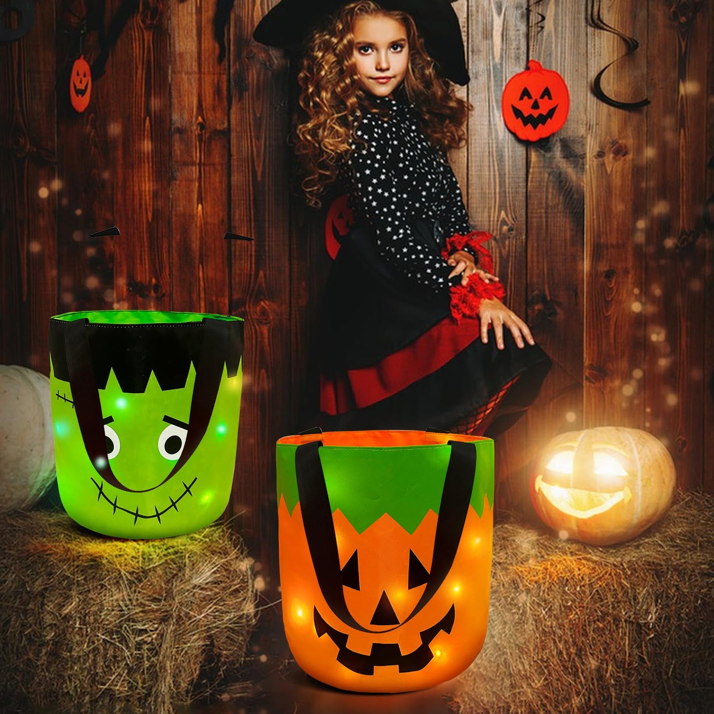 Jemgmonn 2 Pieces Halloween Candy Bucket with LED Light Trick or Treat Buckets Halloween Reusable Pumpkin Green Monster Candy Gift Baskets Party Supplies Favors (Orange & Green)