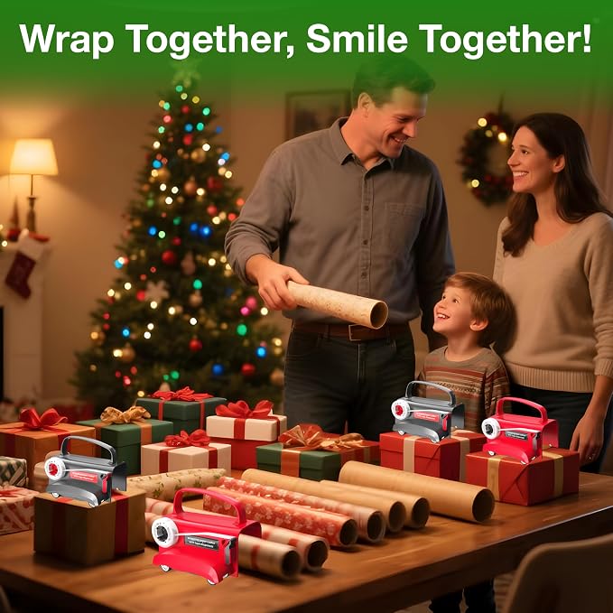 Wraprocut (2-Pack) Wheel Wrapping Paper Cutter & Tape Dispenser with 4 Tapes,2 Replace Blades Kit for Christmas Gift Wrap Cutter Tool Paper Roll Holder Tube Sliding Slicing for Birthday Holiday.