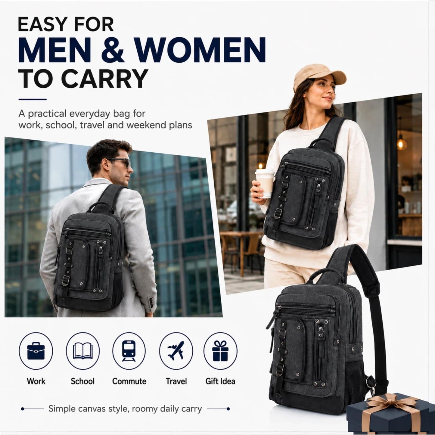 Schkleier Cross Body Bag for Men: Large Canvas Sling Backpack Messenger Bag Fits 15.6 Inch Laptop for Work Commute