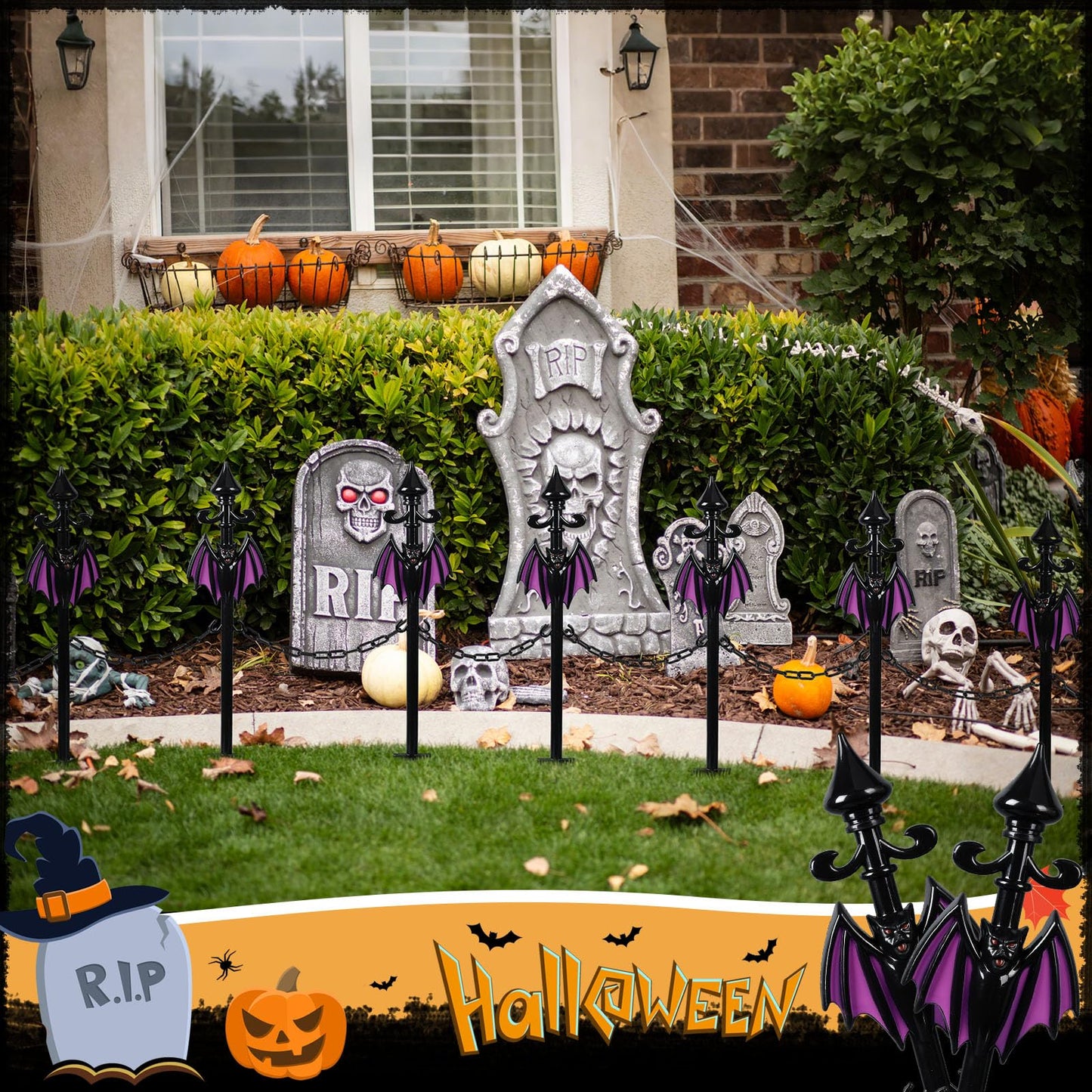 Vercraft 10 Pack Halloween Fence for Garden Outdoor Halloween Yard Decorations Lawn Stake with Connecting Chain Spooky Cemetery Decor for Outdoor Yard Graveyard Pathway Haunted House Party(Bat)