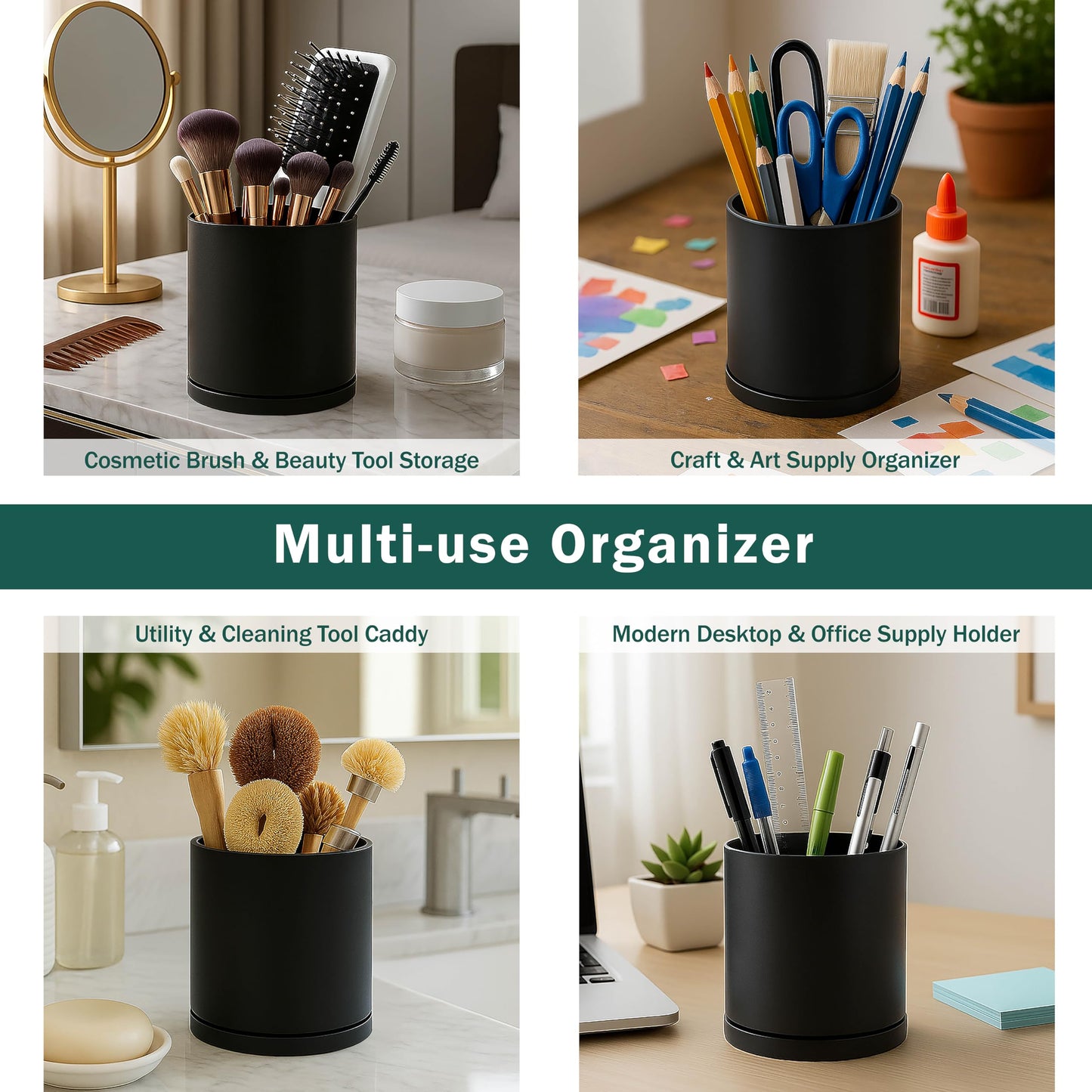 D'vine Dev 360° Rotating Utensil Holder Set – 7.2"+5" Kitchen Utensil Crocks for Countertop, Modern Cooking Tool Organizers for Kitchen Storage +Décor, Black, Set of 2, 72-Z-B-1